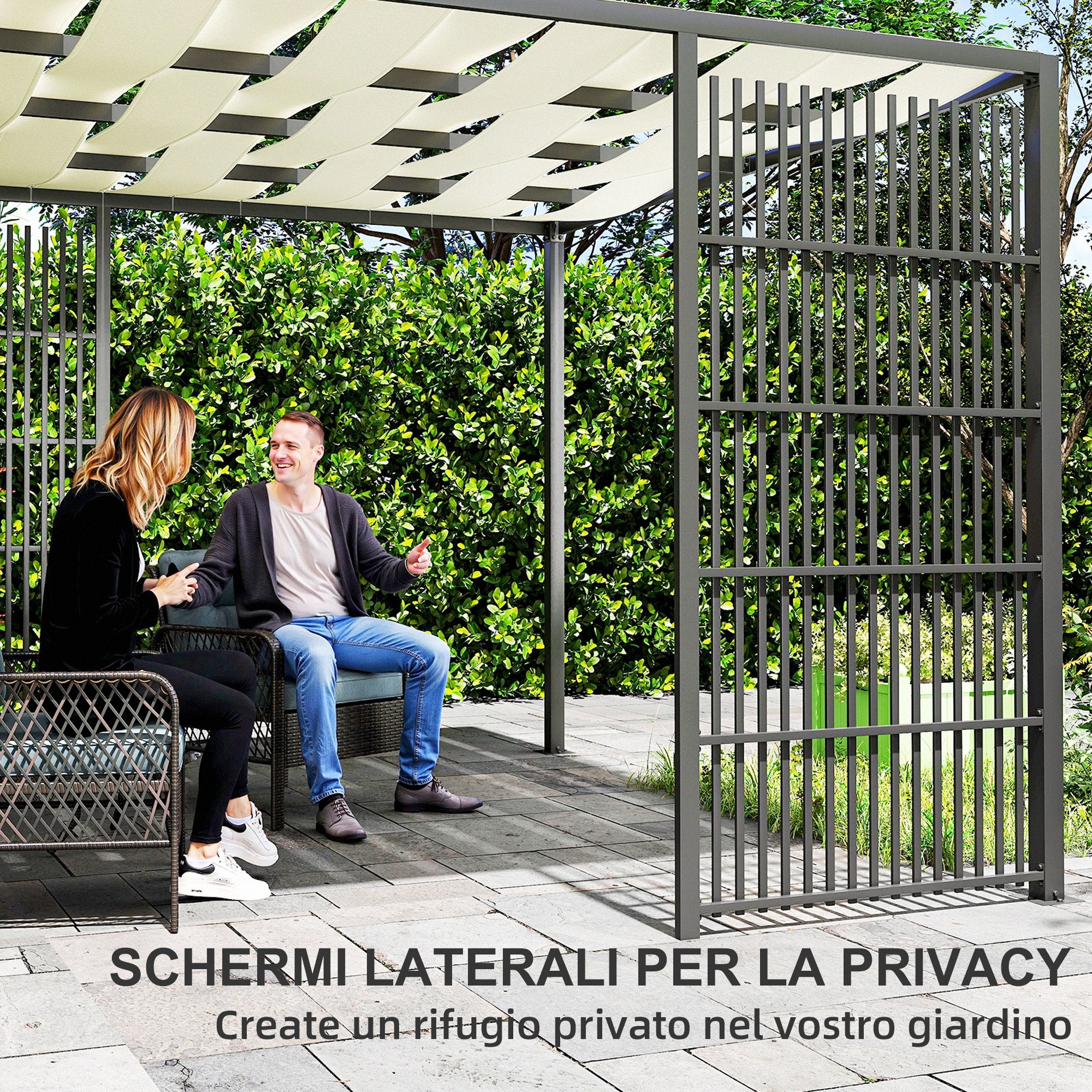 Outdoor Pergola 3x3 m with Wavy Covering and Side Panels, in Metal and Black Polyester