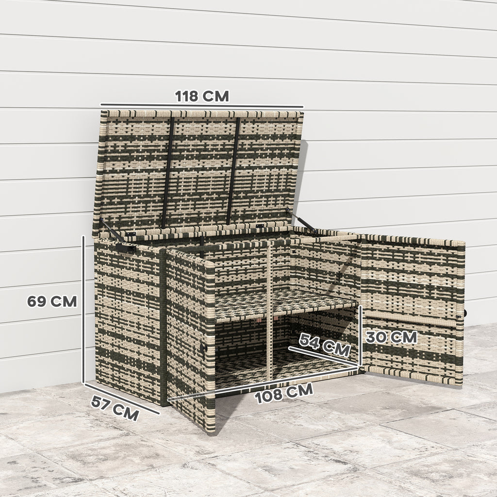 350L 2-Tier Outdoor Storage Chest with Gas Pistons, PE Rattan and Steel, 118x57x69 cm, Grey