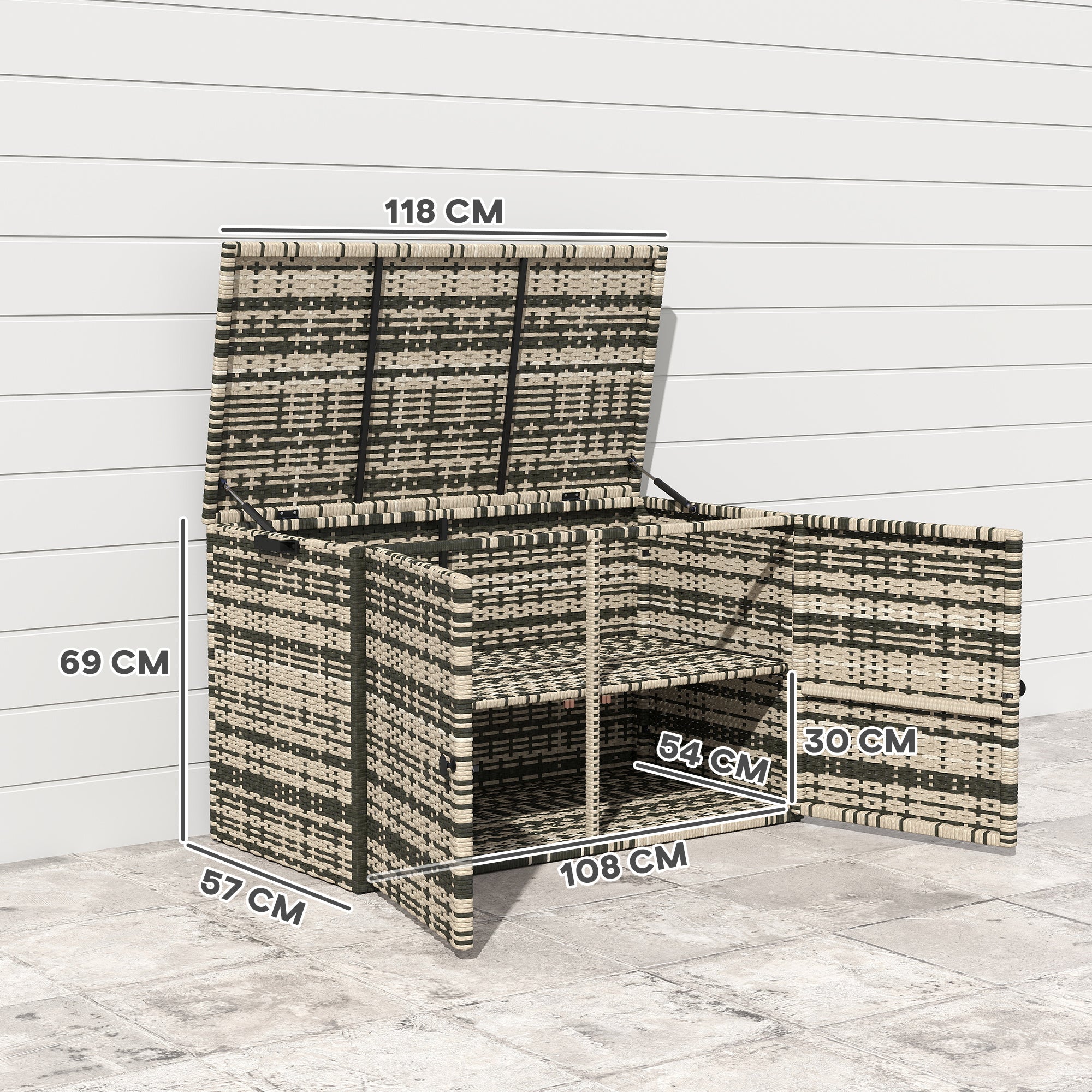 350L 2-Tier Outdoor Storage Chest with Gas Pistons, PE Rattan and Steel, 118x57x69 cm, Grey