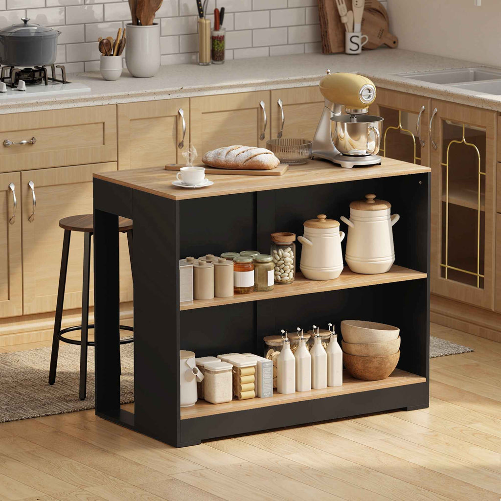 HOMCOM Kitchen Island Bar Counter with 3 Shelves for Living Room and Lounge, 113x60x90 cm, Black and Wood