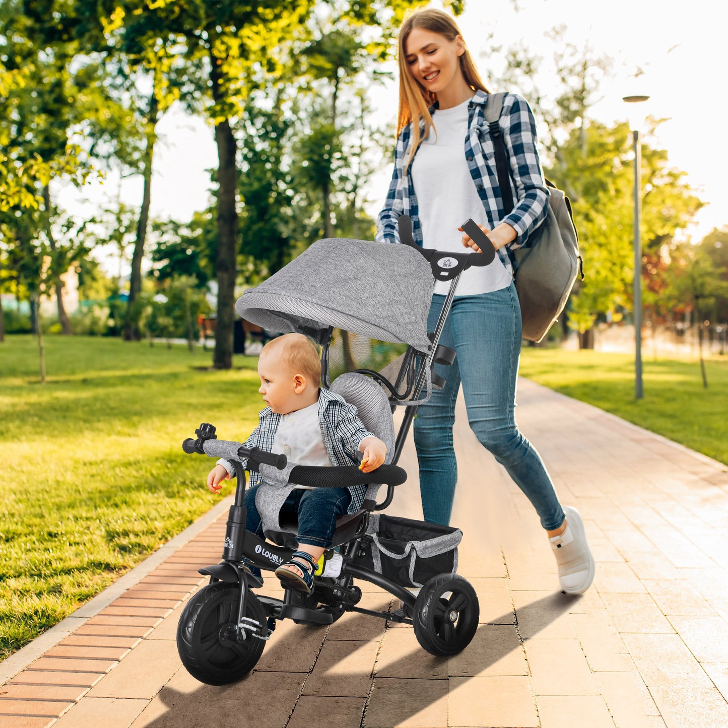 HOMCOM Children's Tricycle with 6 in 1 Handle, Adjustable Canopy and Safety Belt, Ages 1-5 Years, Gray