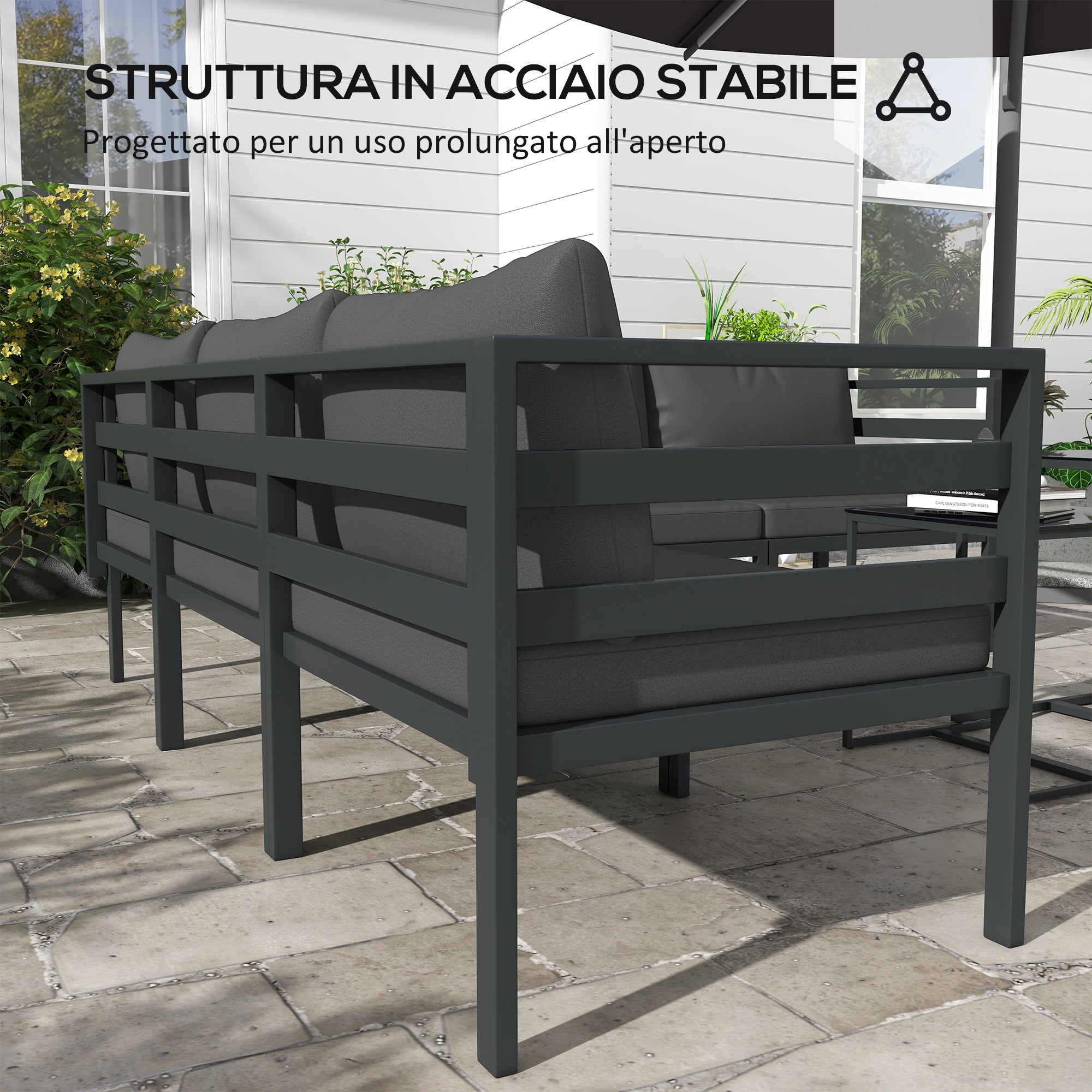 Outsunny garden set 7 pieces in steel and polyester with 5 chairs with cushions and 2 coffee tables, gray - Borgè