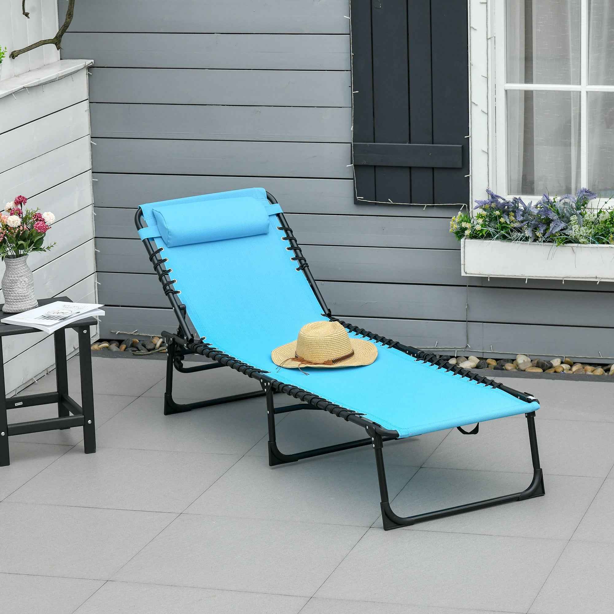 Outsunny Folding Sun Lounger with Reclining Backrest in Steel and Mesh Fabric, 189x58x30 cm, Blue