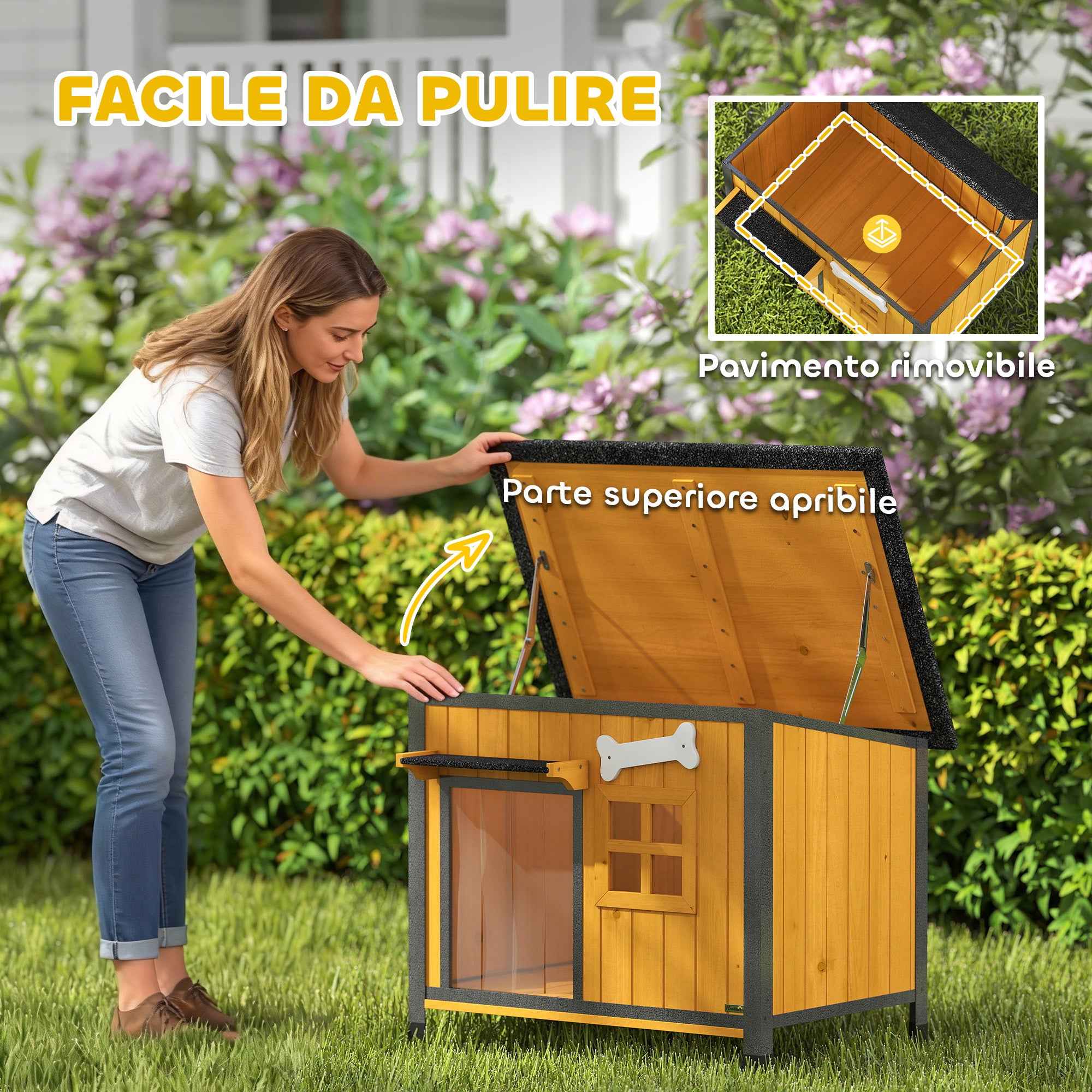 PawHut Outdoor Dog Kennel in Wood and Steel, Bite-Resistant, with Opening Roof and Door Curtain, Yellow