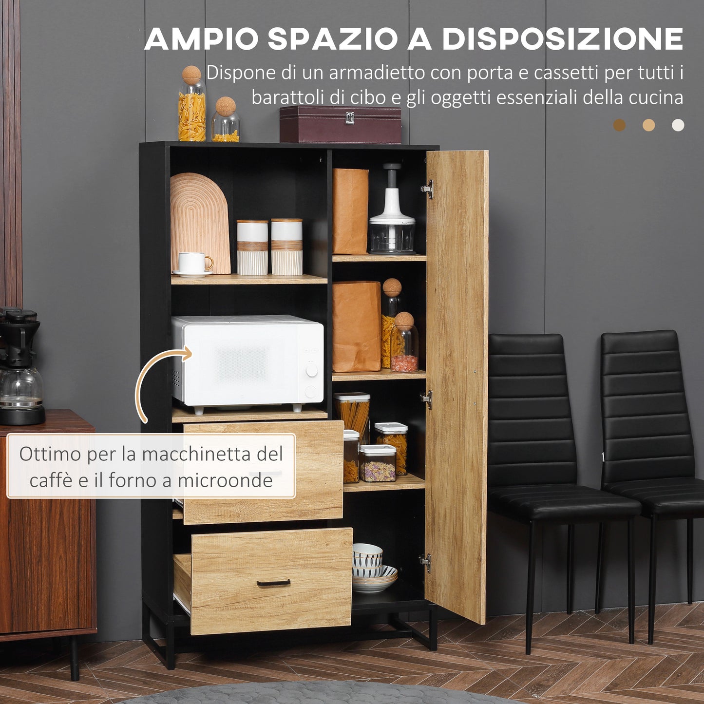 Modern Kitchen Sideboard with 2 Drawers, 2 Shelves and a Cabinet, 88x35x160 cm, Wood and Black