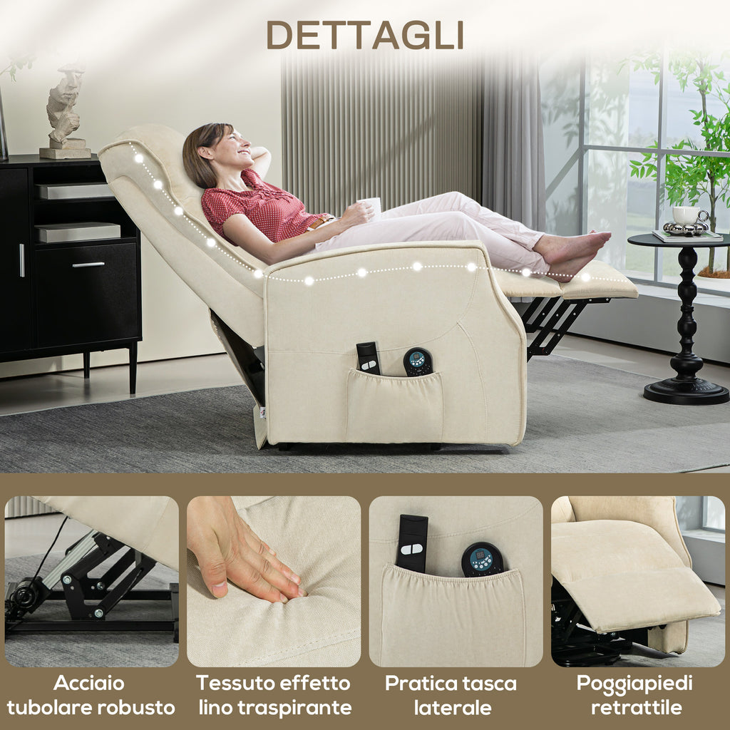 Lift Relax Chair with 8 Massage Points, 135° Reclining and 2 Remote Controls, Cream