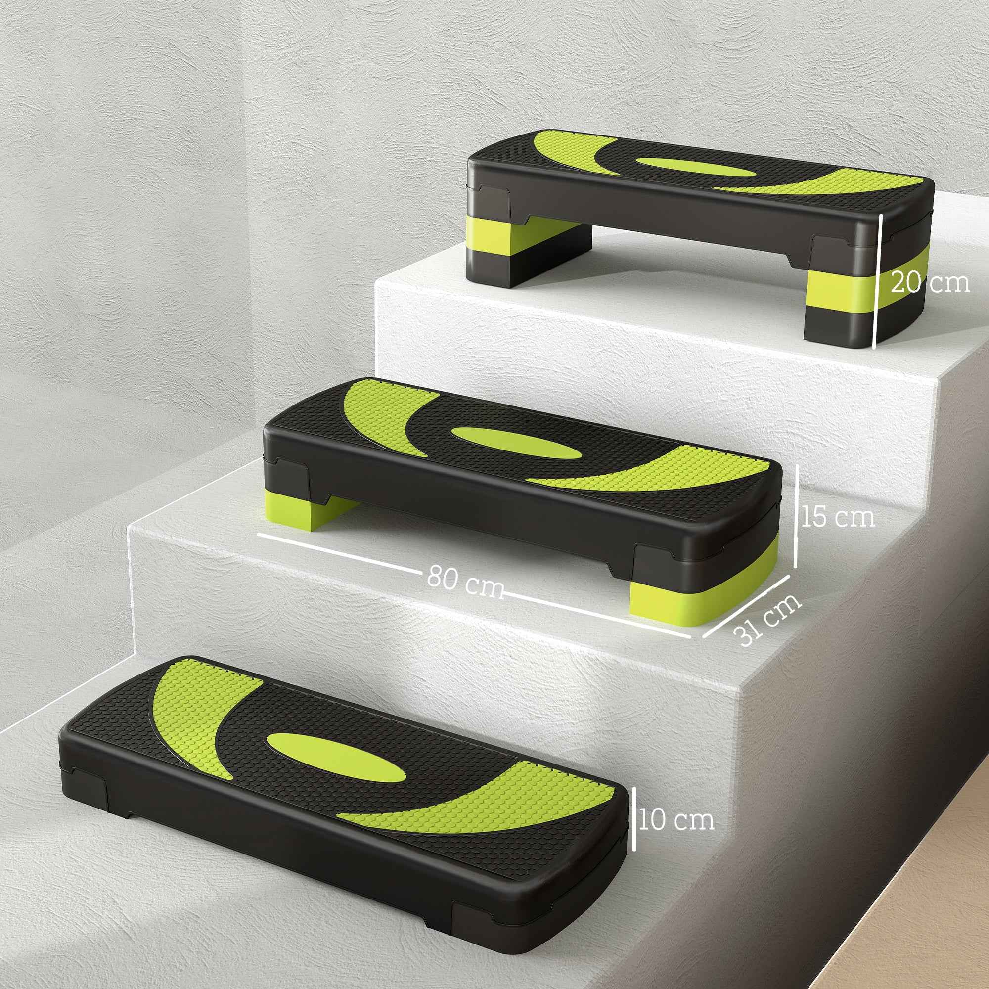 HOMCOM Aerobics Stepper, Adjustable to 3 Heights (10, 15, and 20 cm), Green and Black
