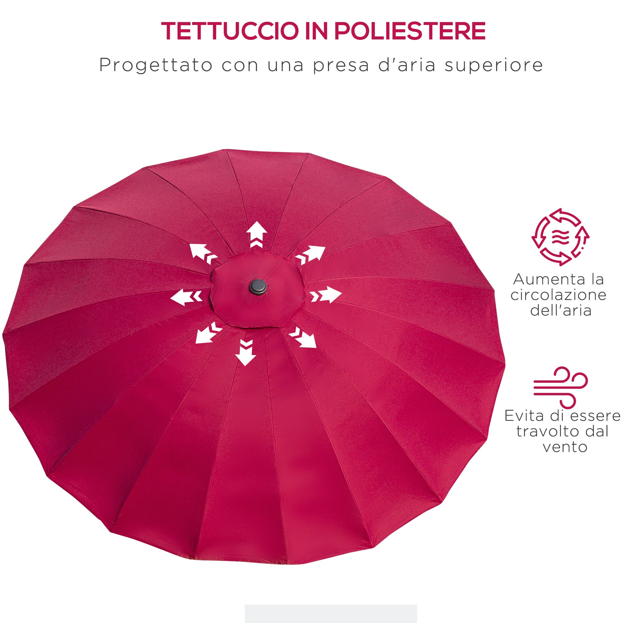 18-Ribbed Folding Round Umbrella with Crank Handle, Metal and Polyester, Ø250x240 cm, Wine Red