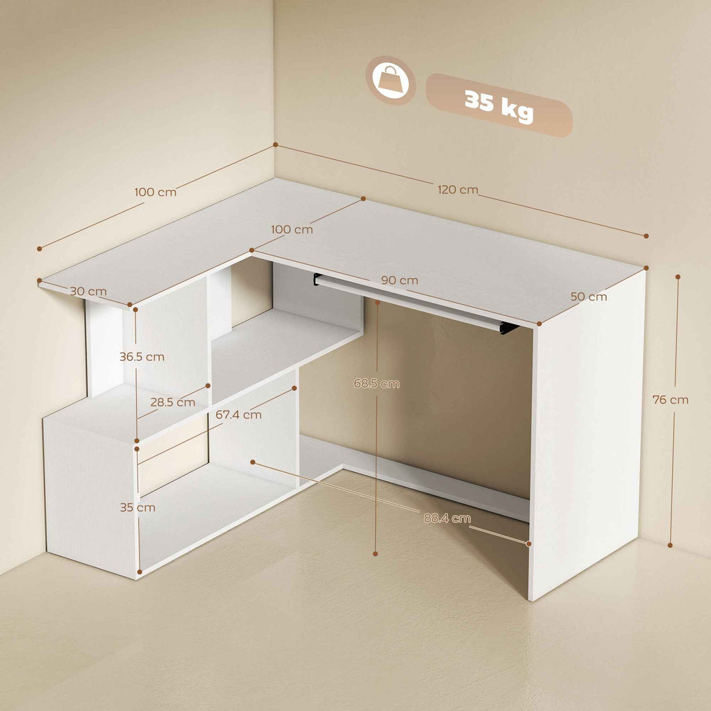 Modern Corner Desk with Sliding Keyboard Tray and 4-Tier Bookshelf, White