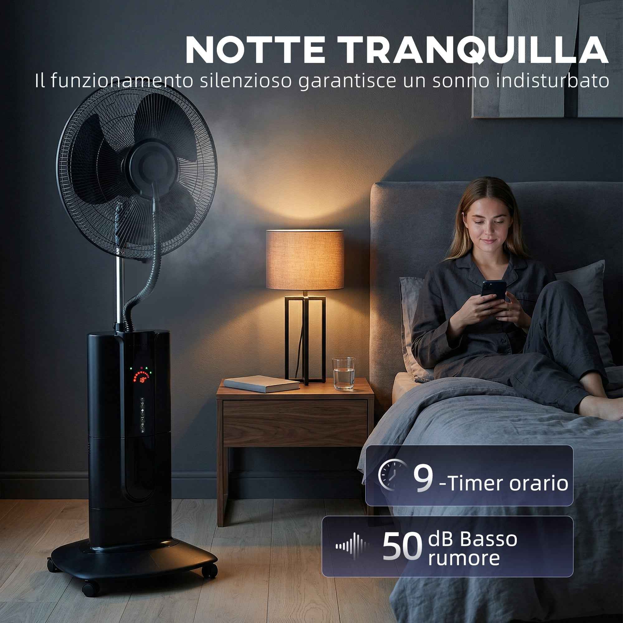 3-in-1 Oscillating Pedestal Fan with Water Mist, Remote Control, and 9-Hour Timer, 45 x 38 x 130 cm, Black