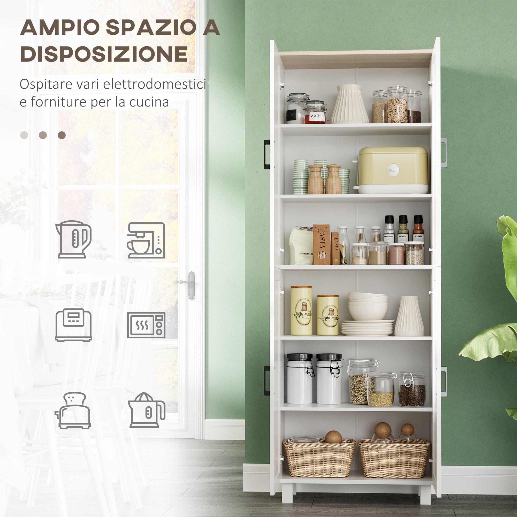 Wooden Kitchen Pantry Cabinet with 5 Adjustable Shelves and 4 Doors, 60x30x170.5 cm, White and Wood Color
