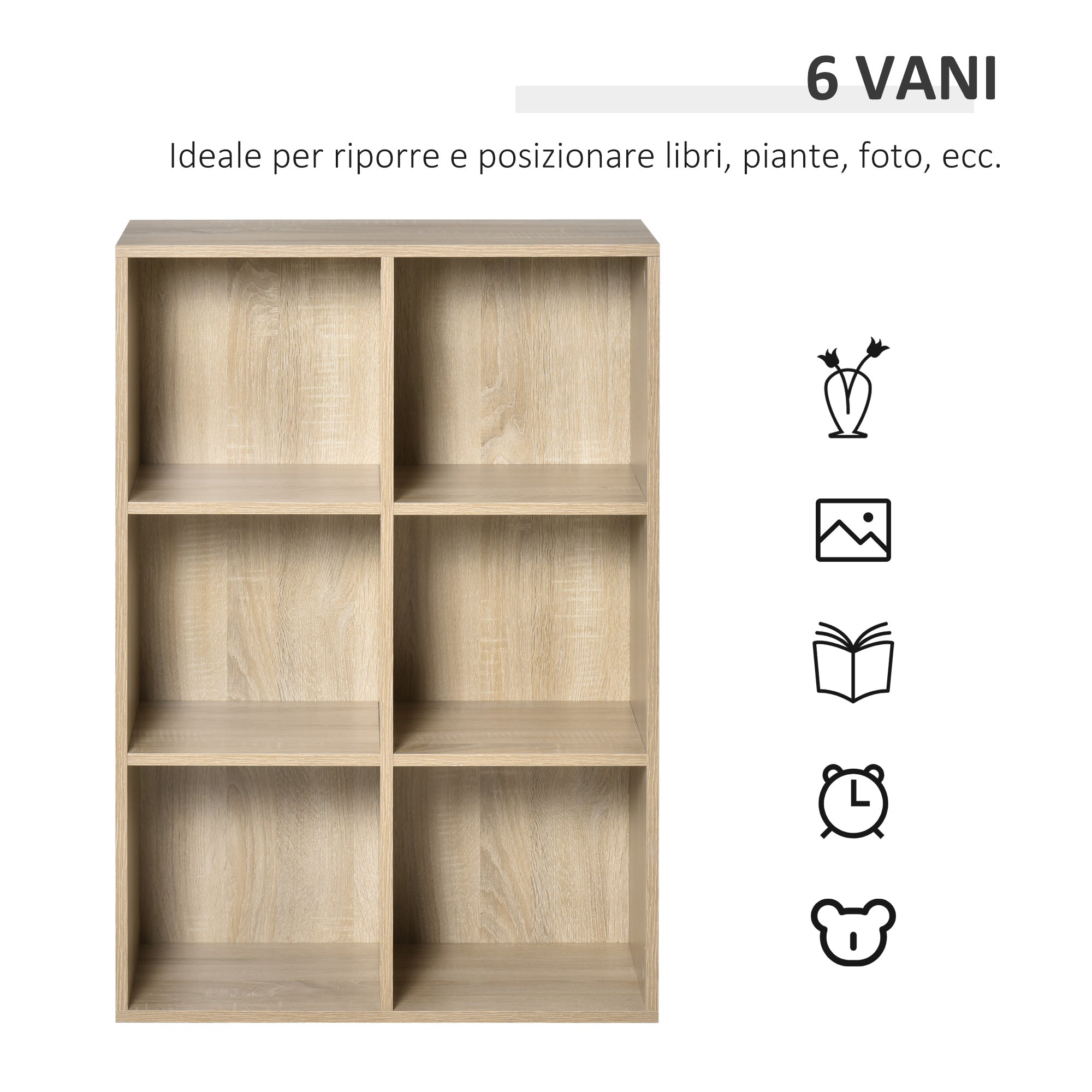 Modern 6-Cube Wooden Bookcase, 65.5x30x97.5 cm, Oak Color