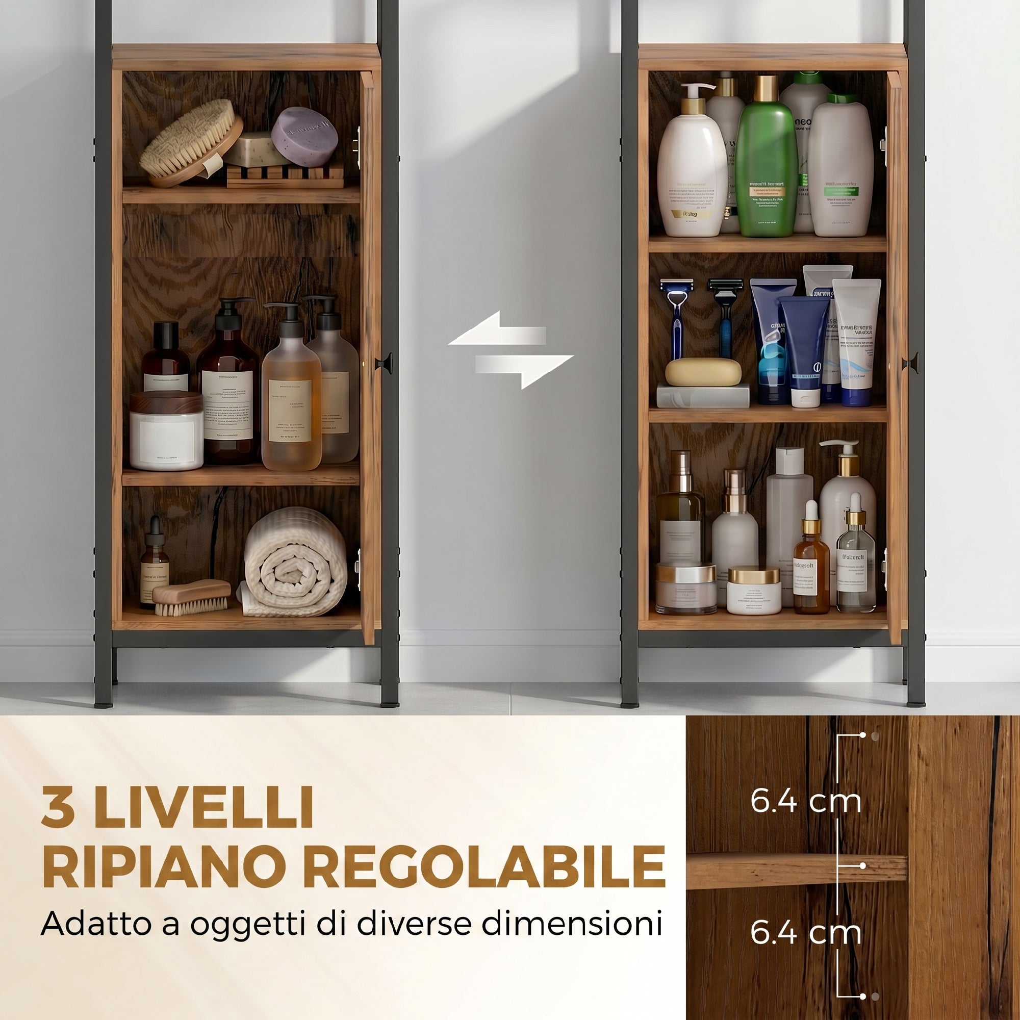 kleankin Tall Narrow Bathroom Cabinet, Space-Saving Bathroom Cabinet with Soft-Close Louvered Doors, 3 Open Shelves, Adjustable Shelves, Rustic Brown