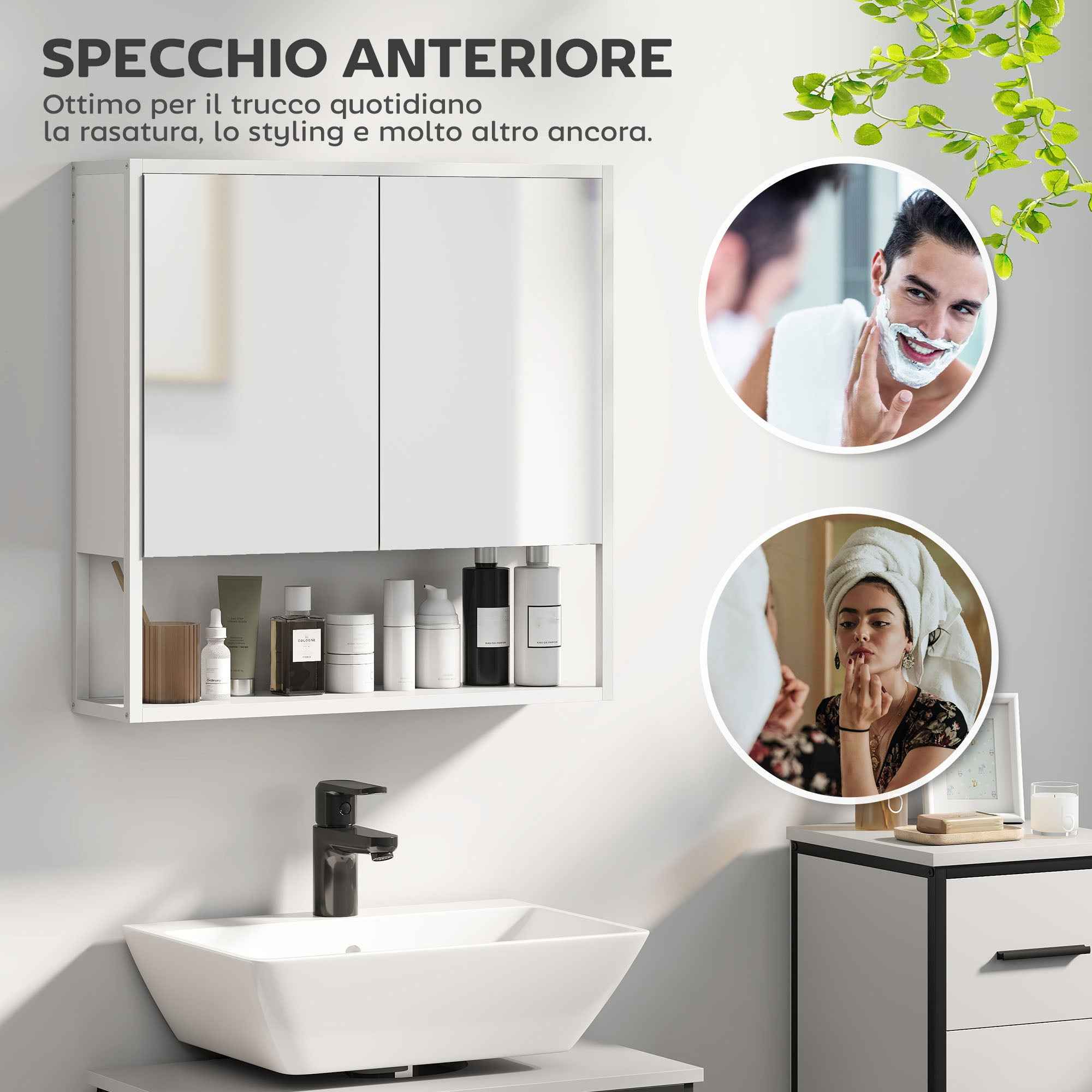 HOMCOM Wall-Mounted Bathroom Cabinet with Mirror, Adjustable Shelf and Open Shelf, 60x16x60 cm, White