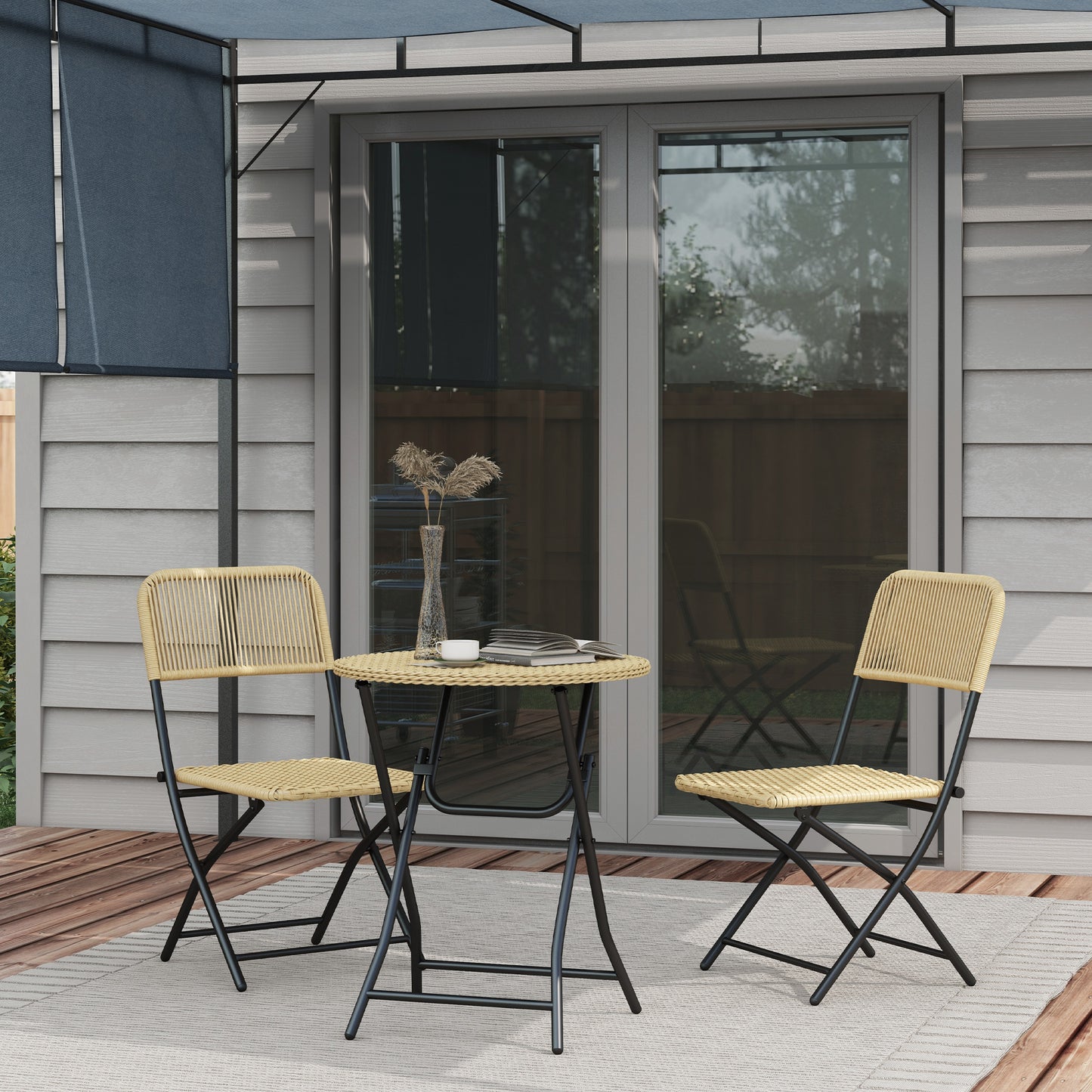 Garden Set in Rattan and Steel, 2 Folding Chairs and Coffee Table, Yellow and Black