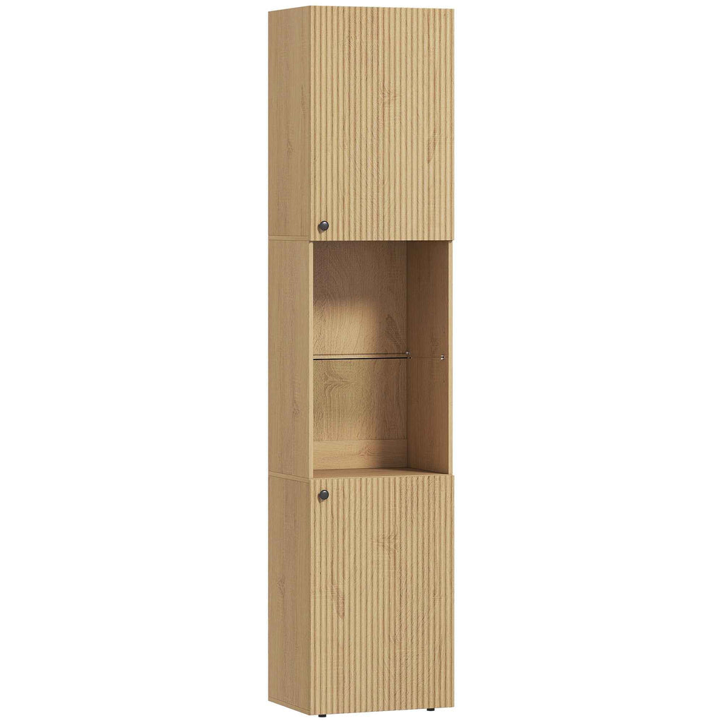 HOMCOM Slim Bathroom Cabinet with 6 Shelves, 2 Doors, Open Compartments, Tempered Glass Shelf, Adjustable Shelves, Oak