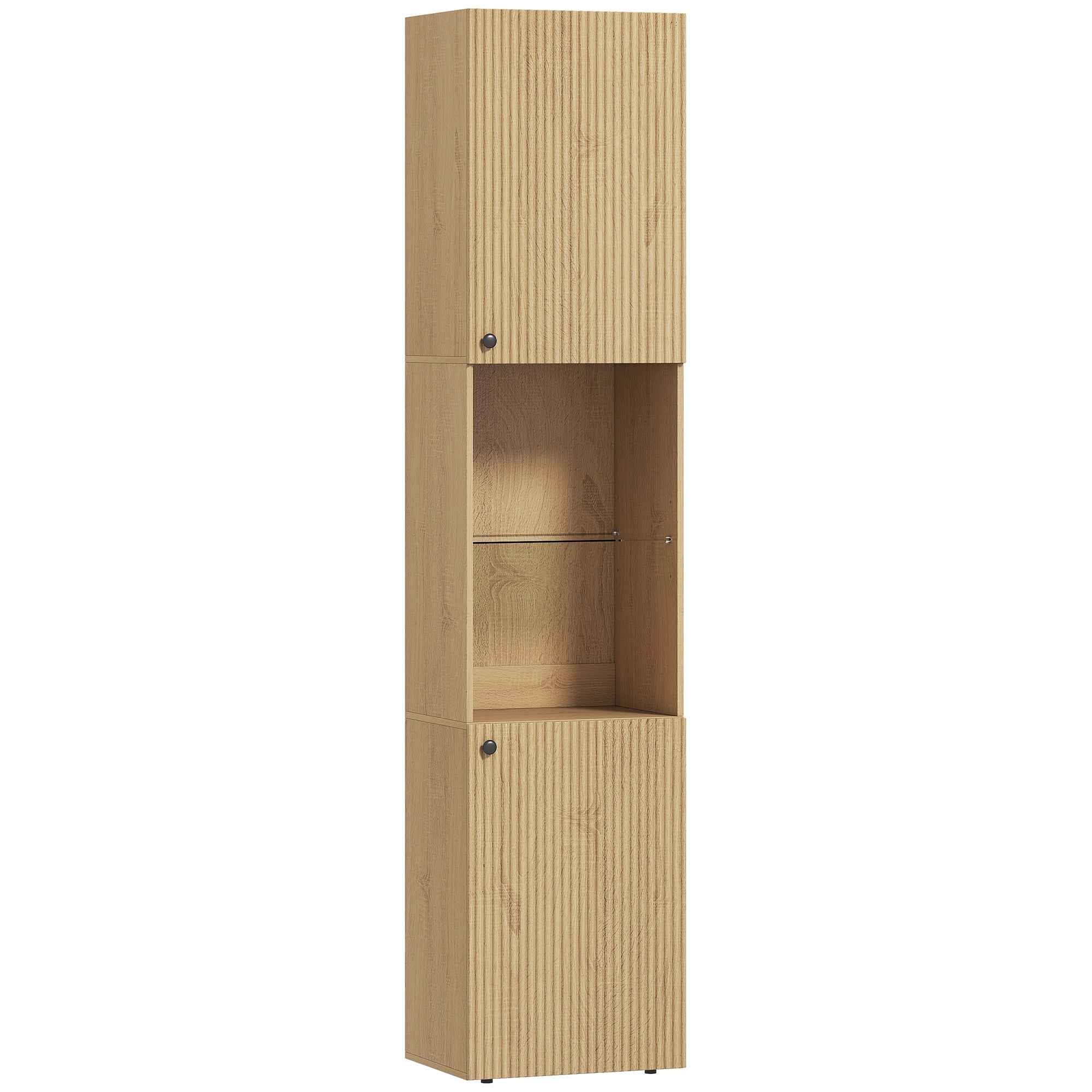 HOMCOM Slim Bathroom Cabinet with 6 Shelves, 2 Doors, Open Compartments, Tempered Glass Shelf, Adjustable Shelves, Oak