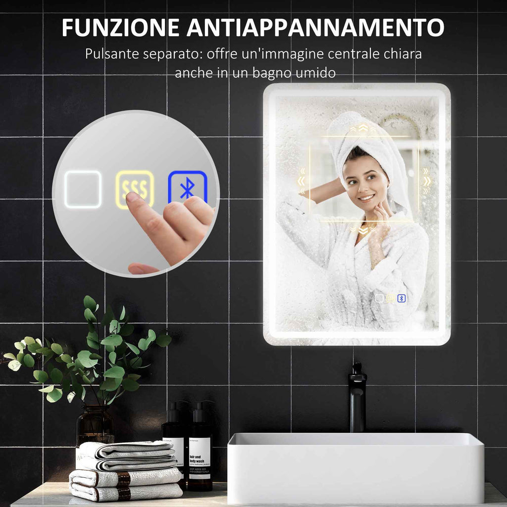HOMCOM LED Bathroom Mirror with Bluetooth, Adjustable Lighting and Memory Function, Tempered Glass, 70x50x3.5 cm