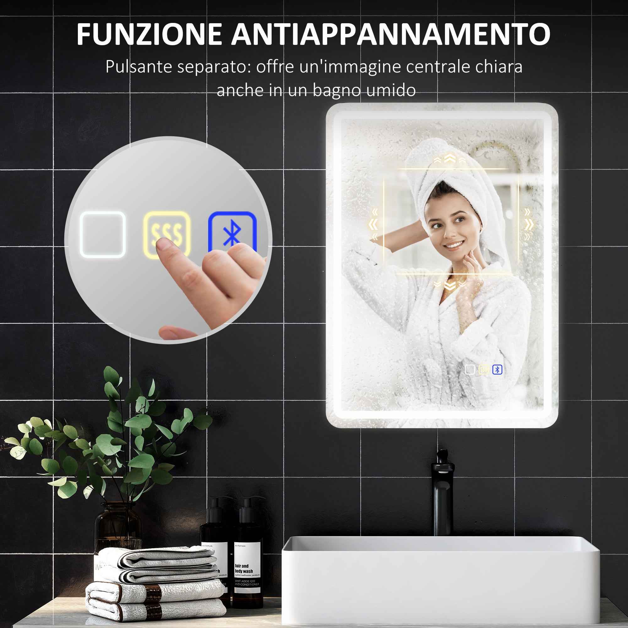 HOMCOM LED Bathroom Mirror with Bluetooth, Adjustable Lighting and Memory Function, Tempered Glass, 70x50x3.5 cm