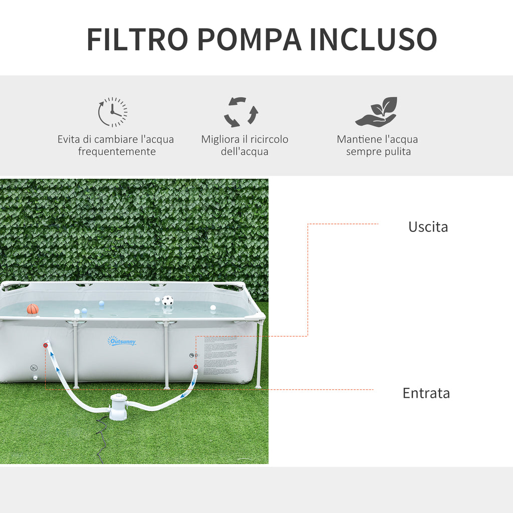 Freestanding Above Ground Pool, Rectangular Rigid Pool with Filter and Valve in Steel and PVC, Grey, 252x152x65cm