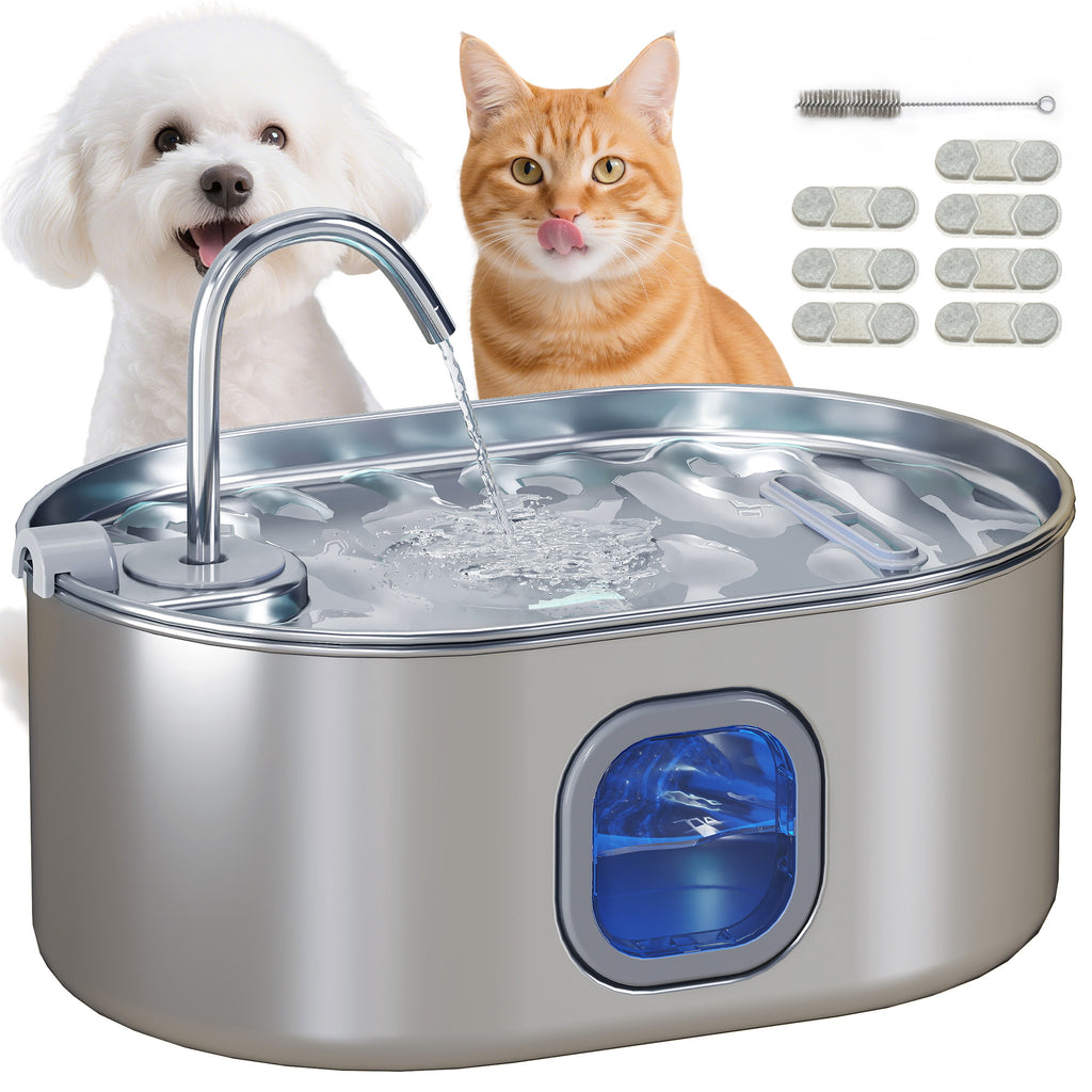 7L Cat Water Fountain with LED Light and Brush, 304 Stainless Steel, 32x22.1x22.3 cm, Silver