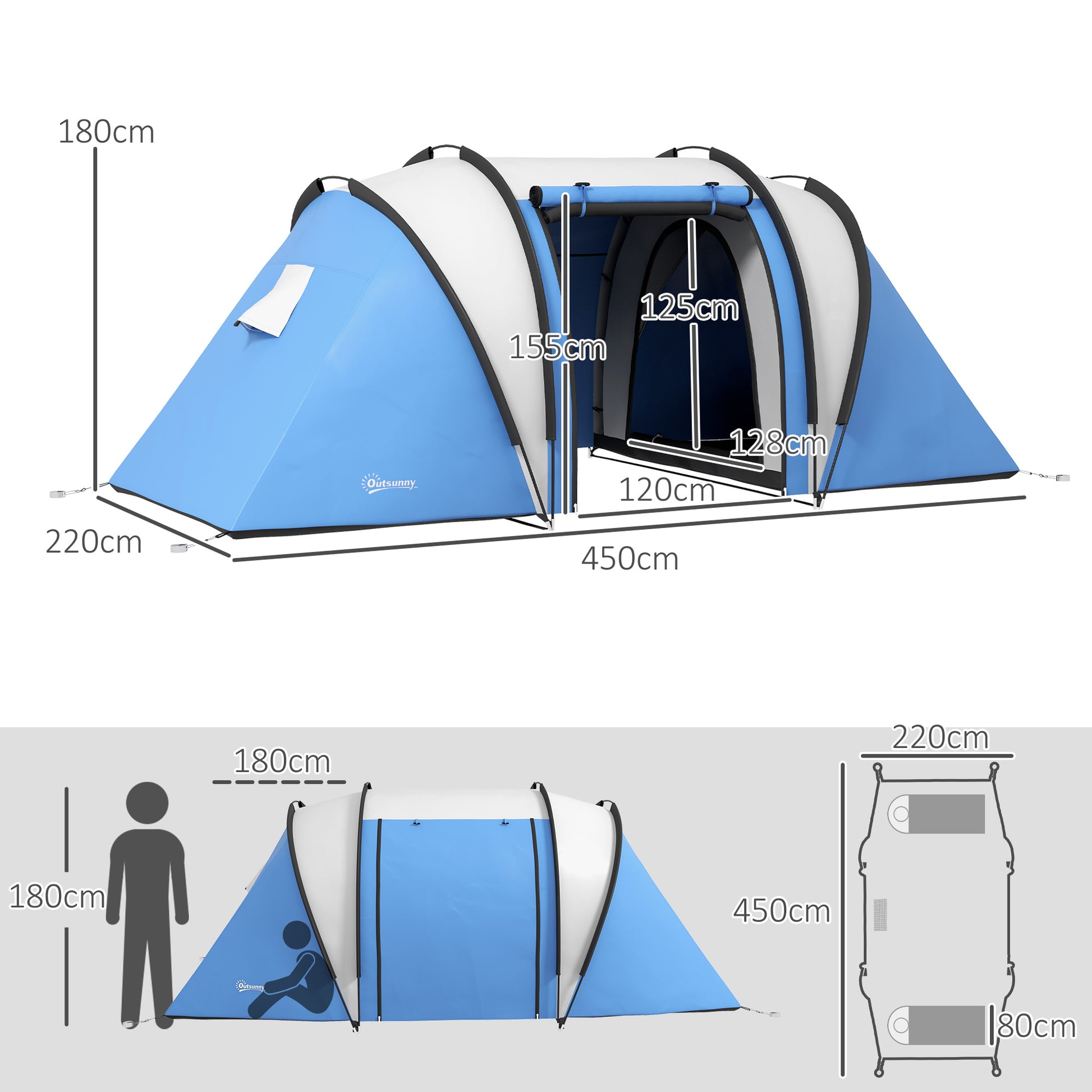 Outsunny Waterproof 2-Person Camping Tent with 2 Rooms Transport Bag, 220x450x180 cm, Blue - Borgè