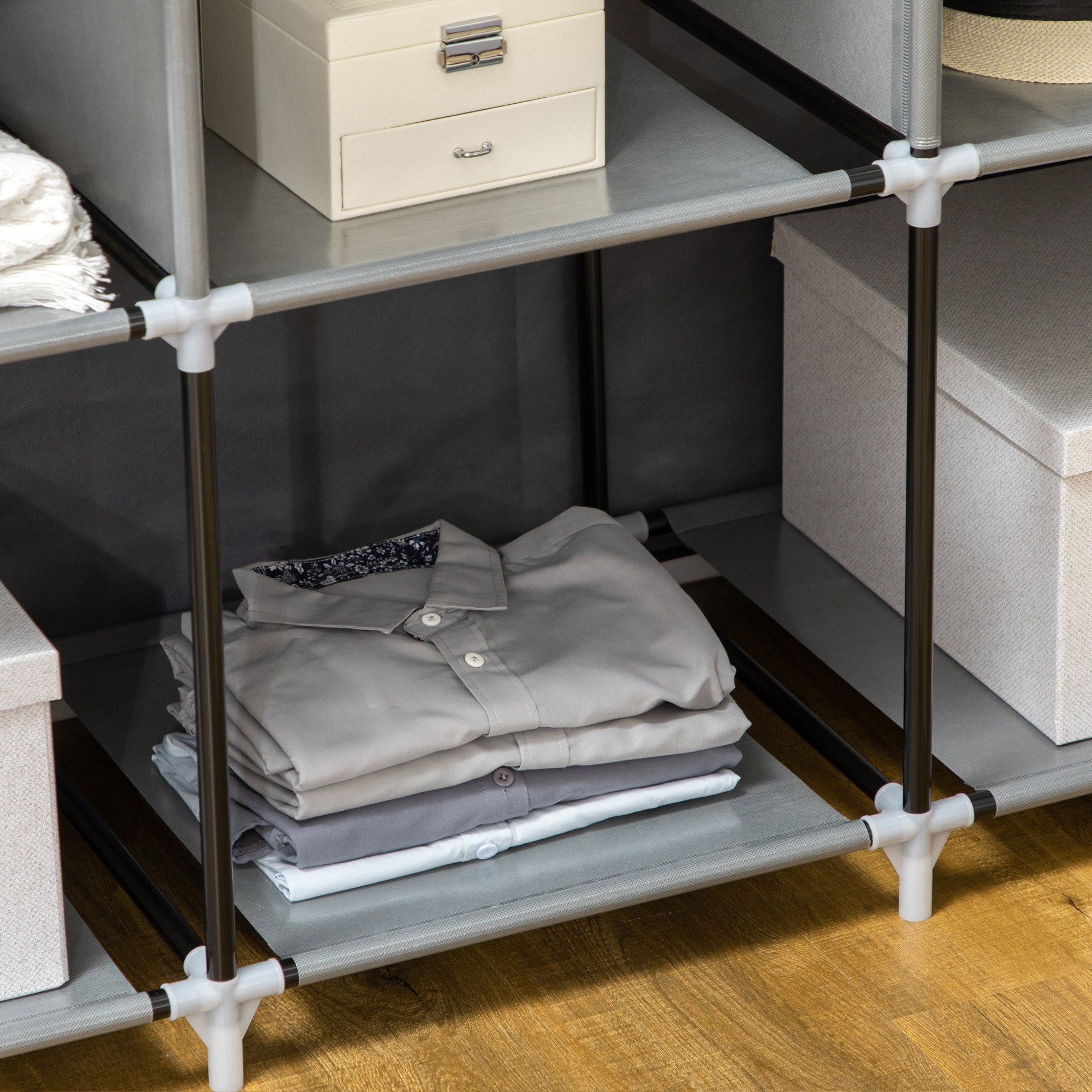Wardrobe in Non-Woven Fabric and Steel with 8 Shelves and 2 Bars, 125x43x162.5 cm, Charcoal Gray