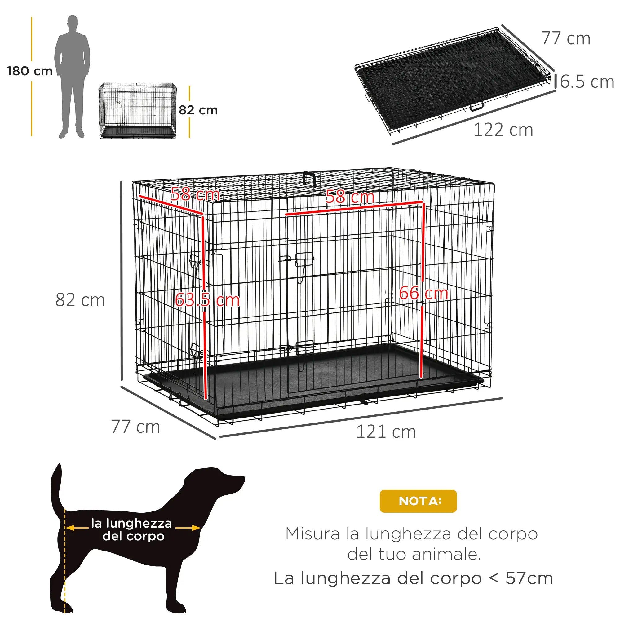 Pet Cage Foldable Steel Double Opening Dog and Cat Carrier, 121x77x82cm, Black - Borge' Group Limited