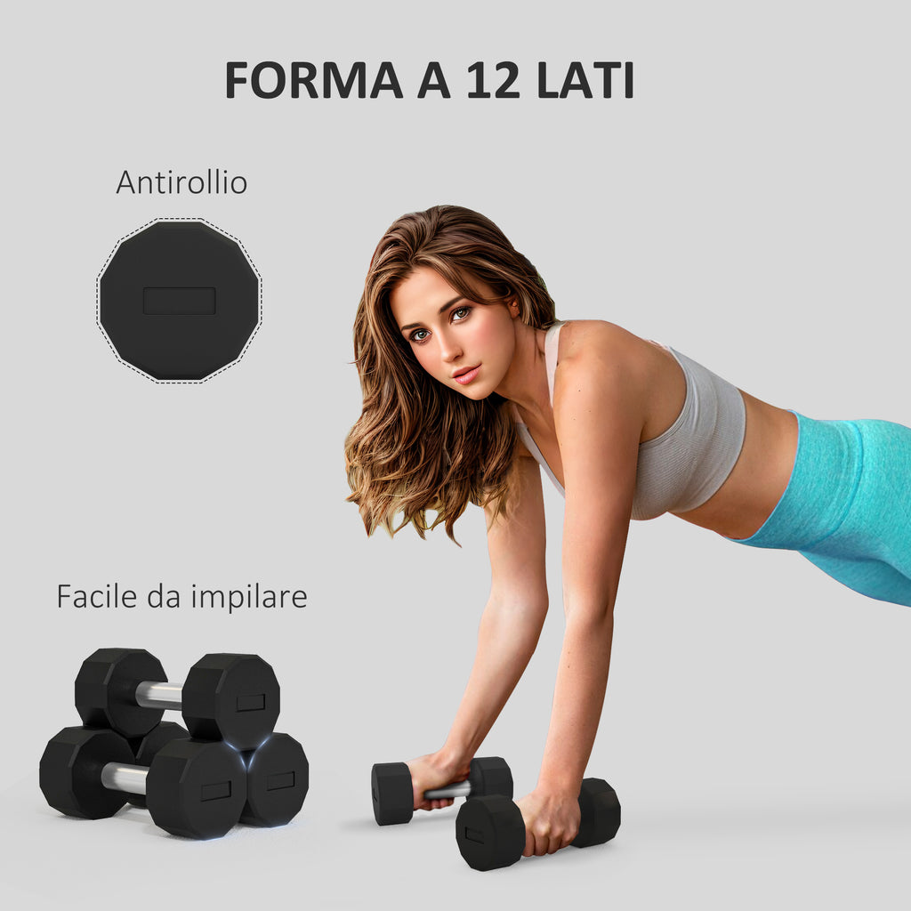SPORTNOW Set of 2 12-sided Dumbbells weighing 8 kg in Metal and Rubber with Non-Slip Grip, 26x12x12 cm, Black