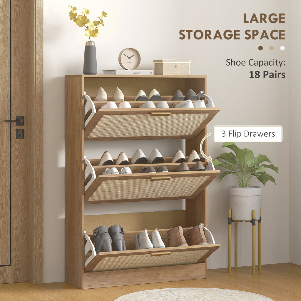 Shoe Rack for 18 Pairs of Shoes with 3 Folding Drawers in Wood and Rattan, 80x25x120 cm, Brown