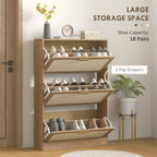 Shoe Rack for 18 Pairs of Shoes with 3 Folding Drawers in Wood and Rattan, 80x25x120 cm, Brown