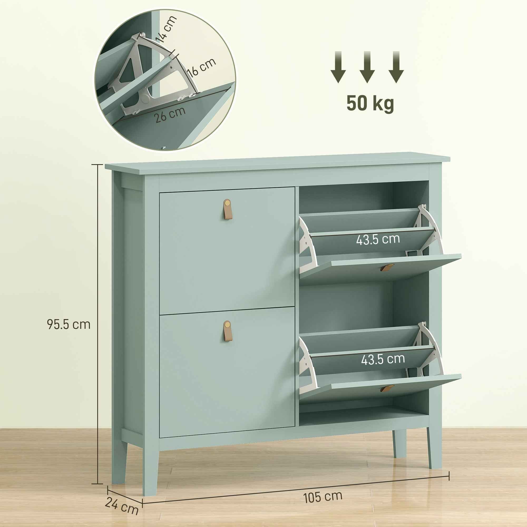 HOMCOM Slim Shoe Rack with 4 Drawers for 20 Pairs of Shoes, Size EU 44, Adjustable Shelves, 105 x 24 x 95.5 cm, Green