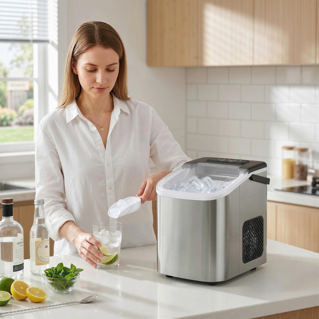 HOMCOM Ice Maker, 12kg in 24 Hours, 9 Cubes in 7-10 Minutes, 2 Sizes, with Self-Cleaning System, Silver
