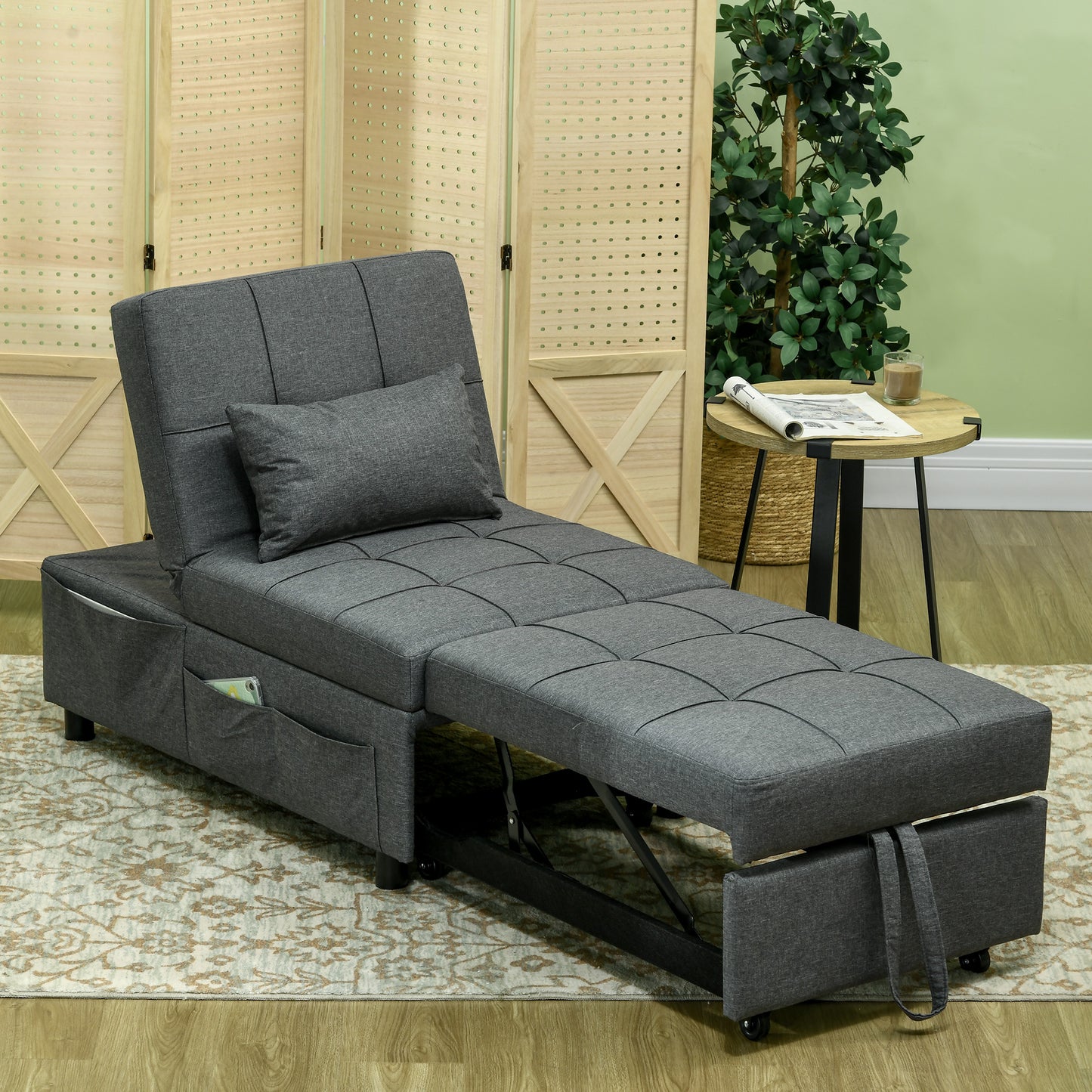 HOMCOM Single Armchair Bed 3 in 1 Reclining at 3 Levels with Cushion, in Linen Effect Fabric, 65.5x104x81 cm, Gray