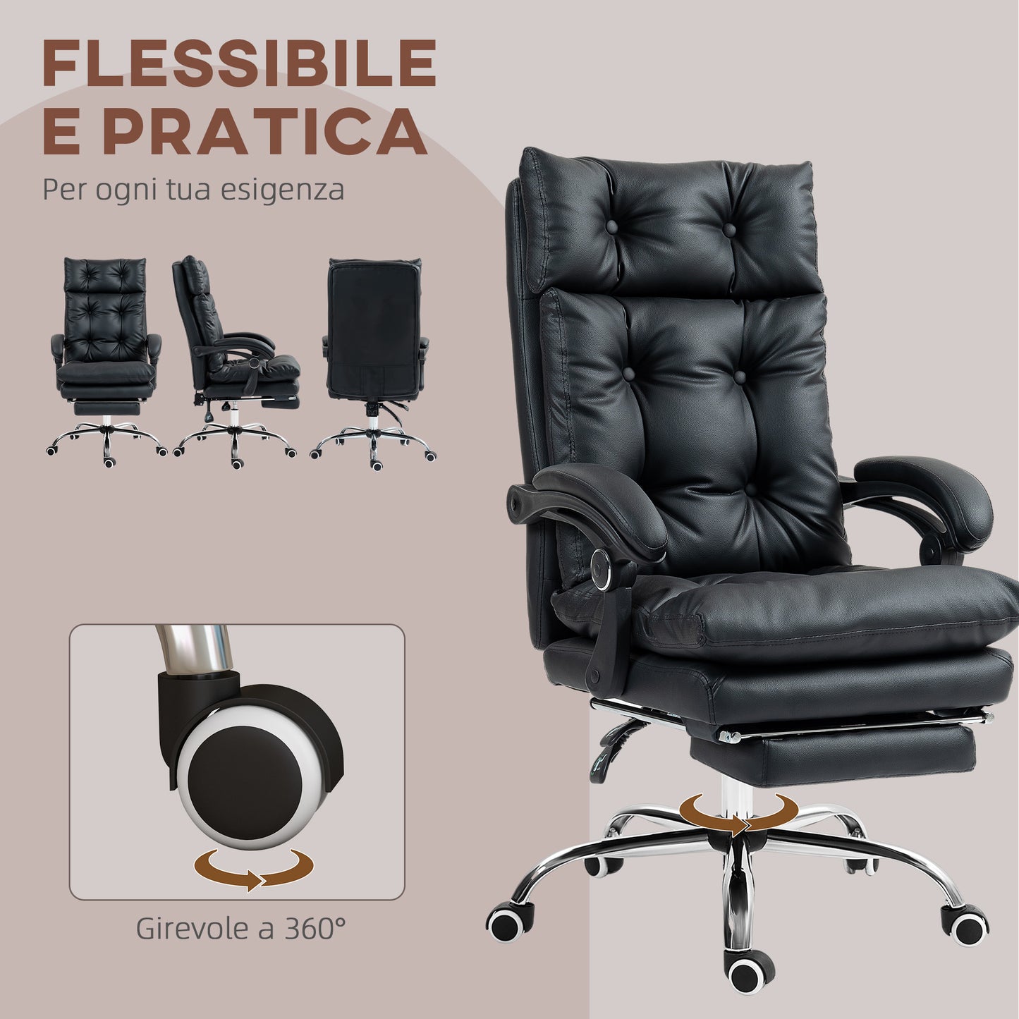 Faux Leather Office Chair with 135° Reclining Backrest and Pull-Out Footrest, Black