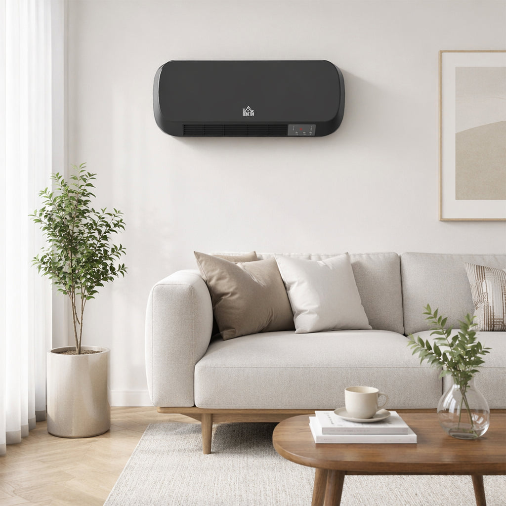 HOMCOM Low-Consumption Wall-Mounted Electric Heater with Remote Control, Adjustable Temperature and 12-Hour Timer, Black