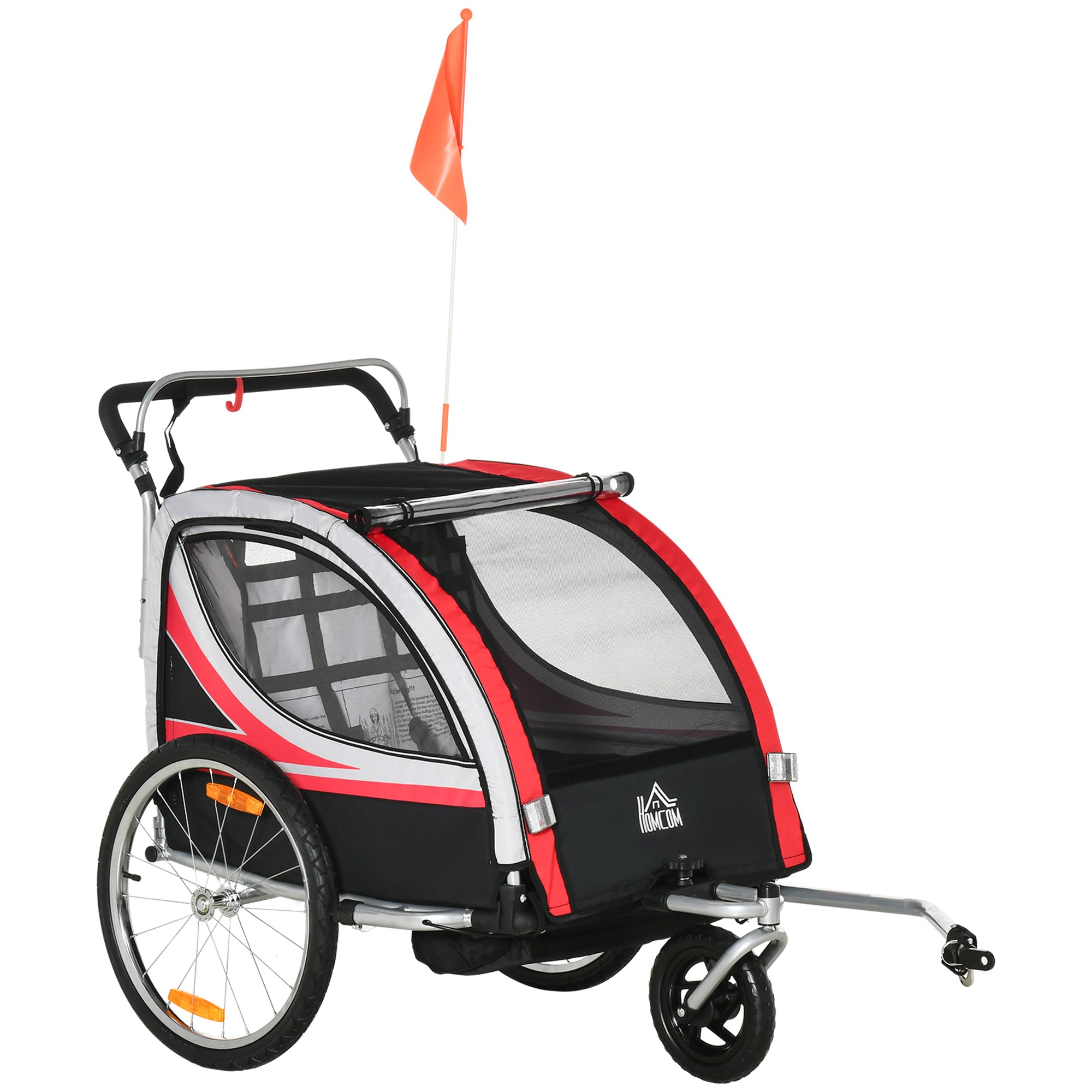 Kids Bike Trailer and Stroller, 2-in-1 Design with Brake, 5-Point Harness, Bicycle Trailer with Side Pockets, Reflectors and Flag, Red