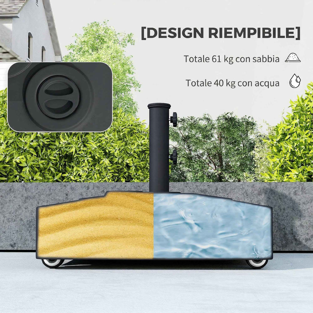 Outsunny Wheeled Umbrella Base with Brakes, Water 40kg/Sand 61kg, for Ø35/38/48mm Umbrella Poles, Black