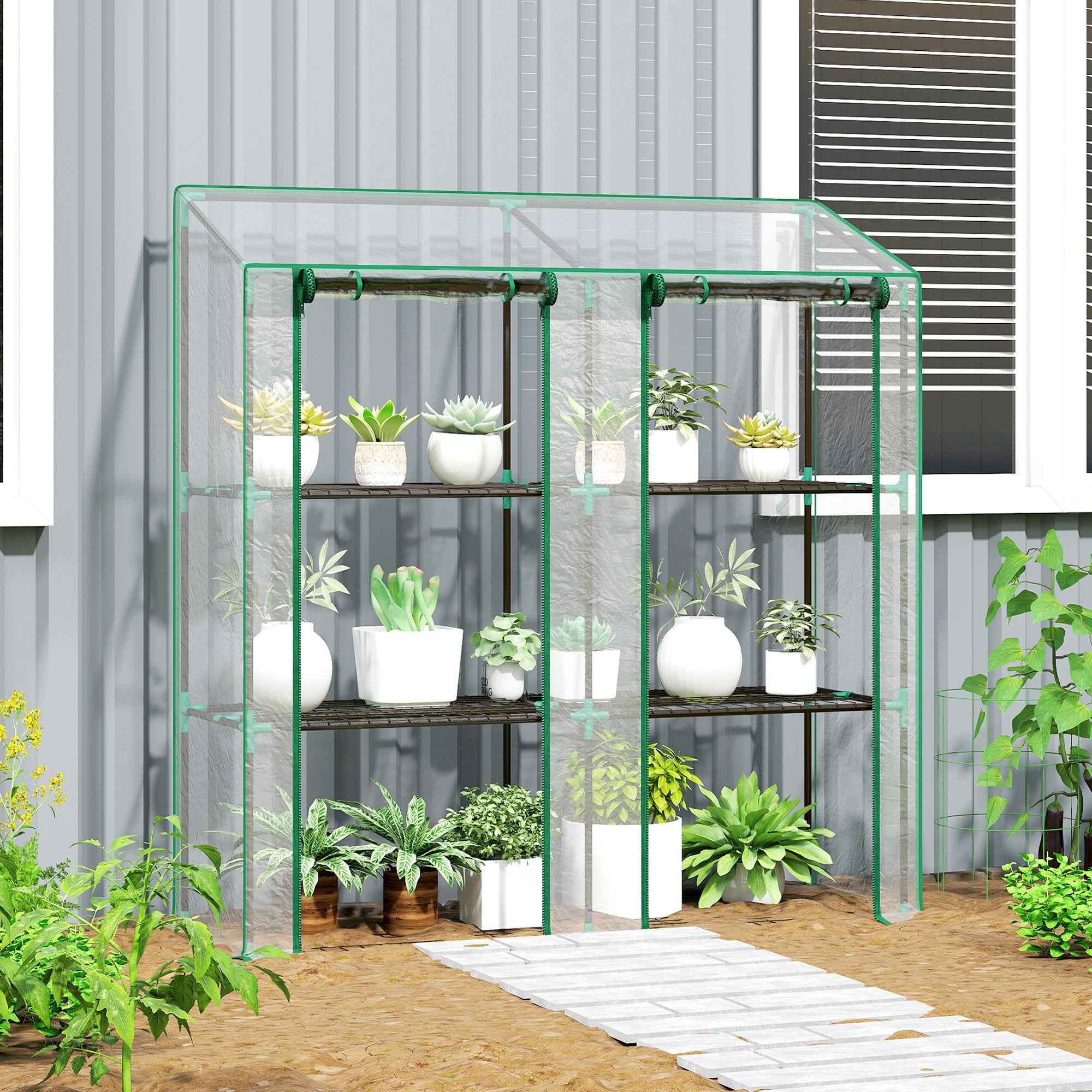 Outsunny Garden Greenhouse with PE Cover, 6 Shelves and 2 Roll-Up Doors, 143x46x151cm, Transparent