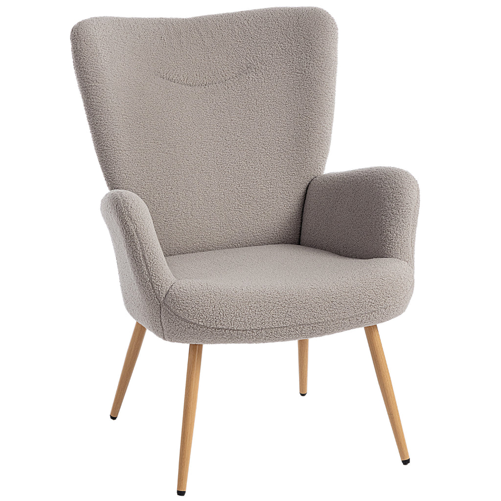 Modern Sherpa Fabric Upholstered Armchair with High Back and Armrests, Grey