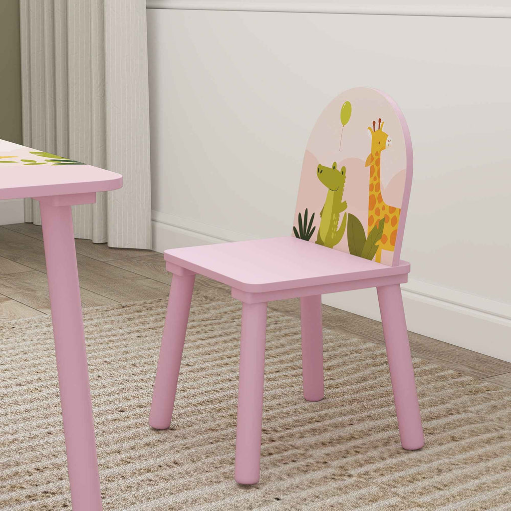 AIYAPLAY Children's Table and Chair Set for 3-8 Years Old with Animal Patterns and Rounded Edges, in MDF and Pink Pine Wood