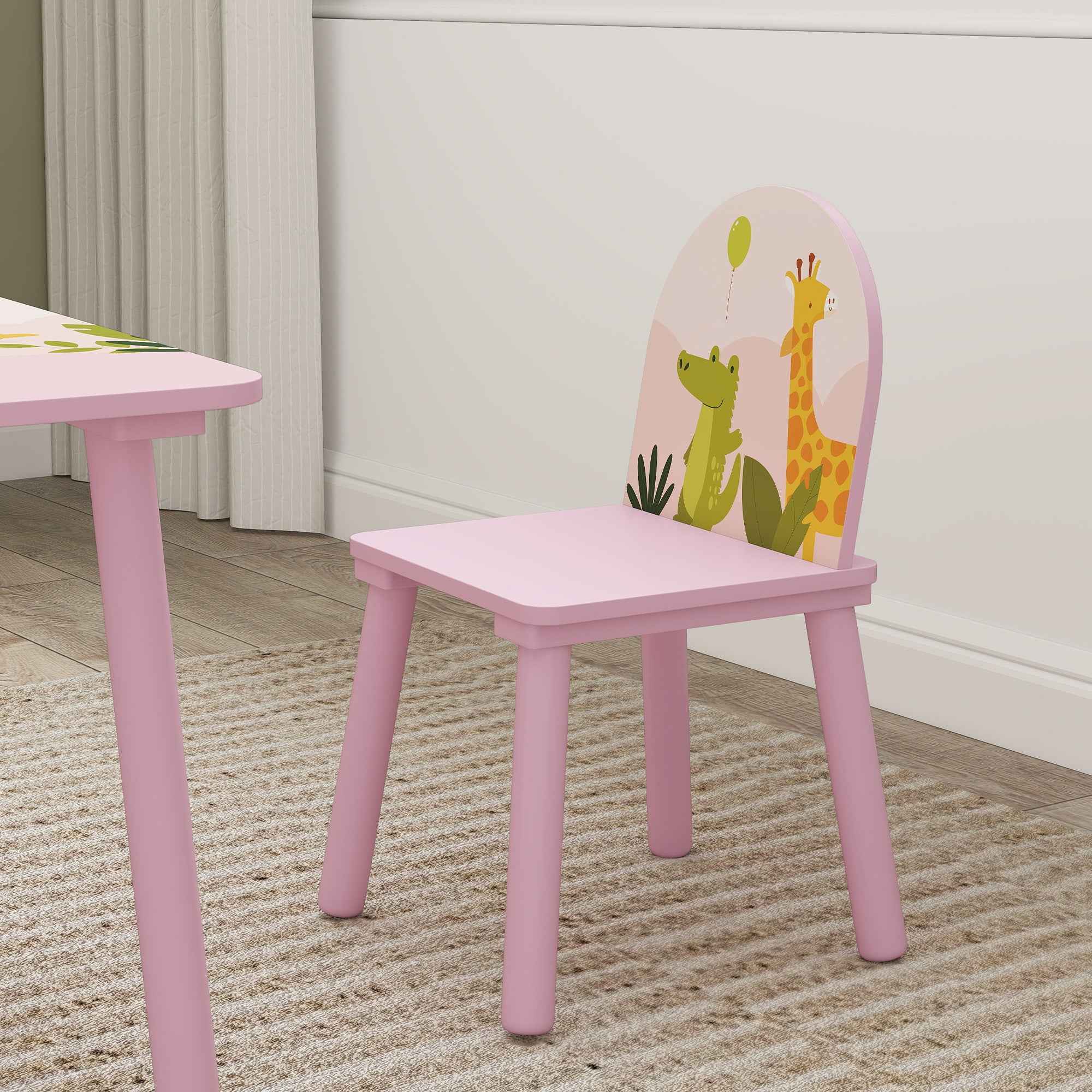 AIYAPLAY Children's Table and Chair Set for 3-8 Years Old with Animal Patterns and Rounded Edges, in MDF and Pink Pine Wood