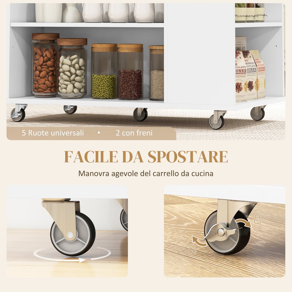 Kitchen Island Cart with Adjustable Shelves, Knife Holder and Wooden Top, 86.5x47x88 cm, White