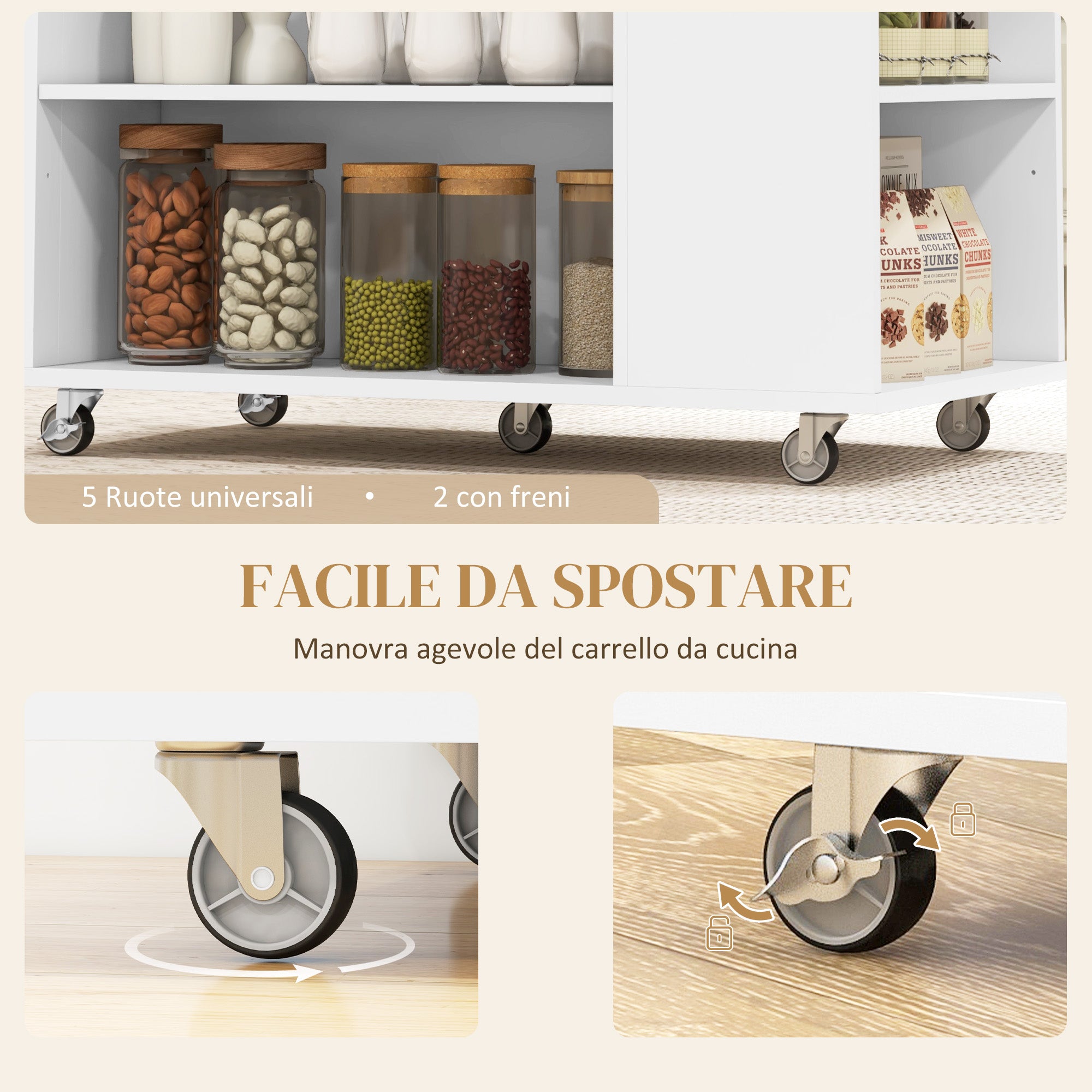 Kitchen Island Cart with Adjustable Shelves, Knife Holder and Wooden Top, 86.5x47x88 cm, White