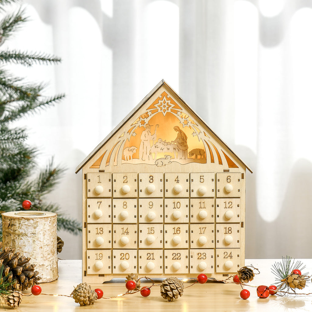 Wooden Advent Calendar with 24 Drawers, Christmas Decoration with Carved Nativity Scene and Lights, 26.6x6x30cm