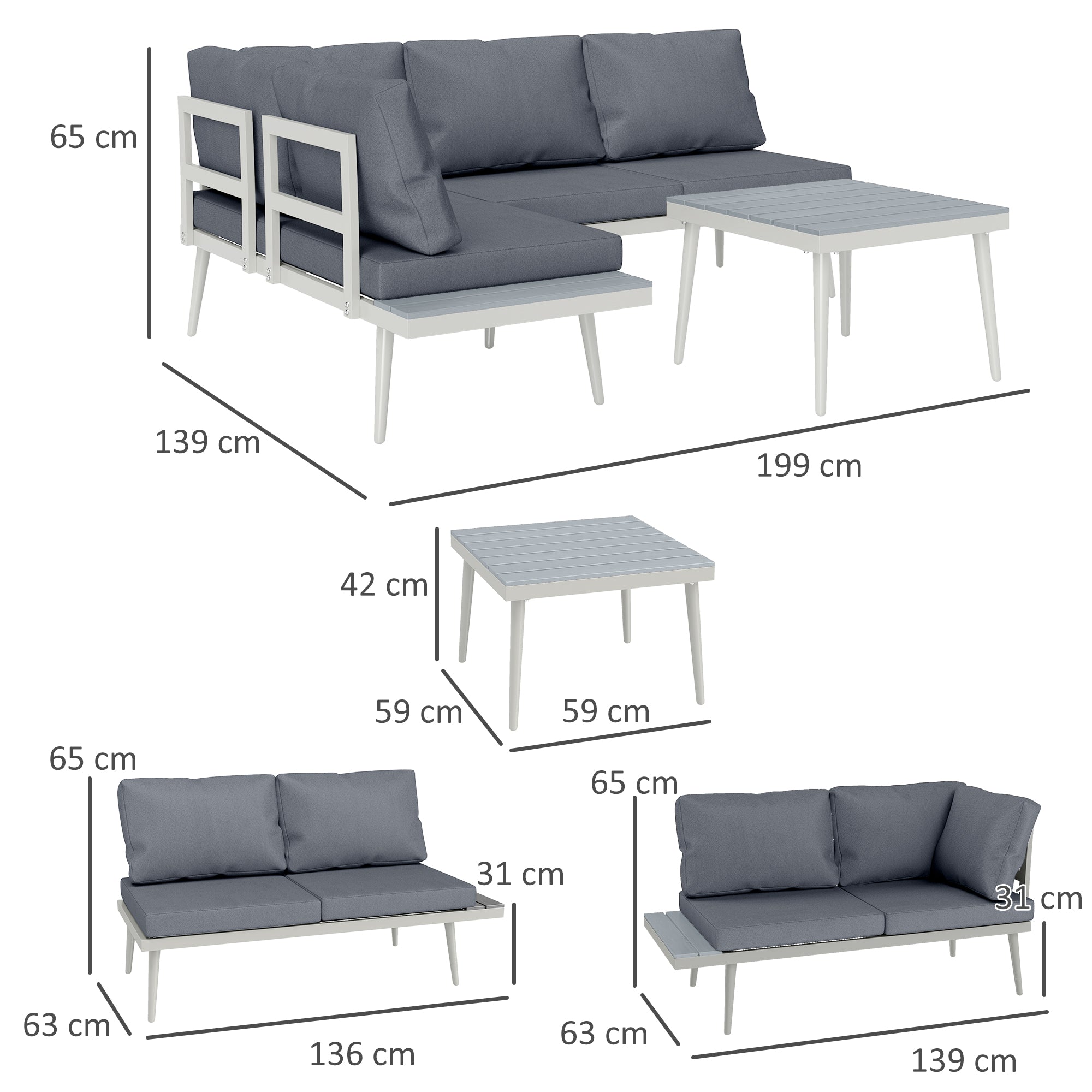 Garden Lounge with 2 Sofas with Cushions, 5-Level Adjustable Backrest and Slatted Coffee Table, Gray