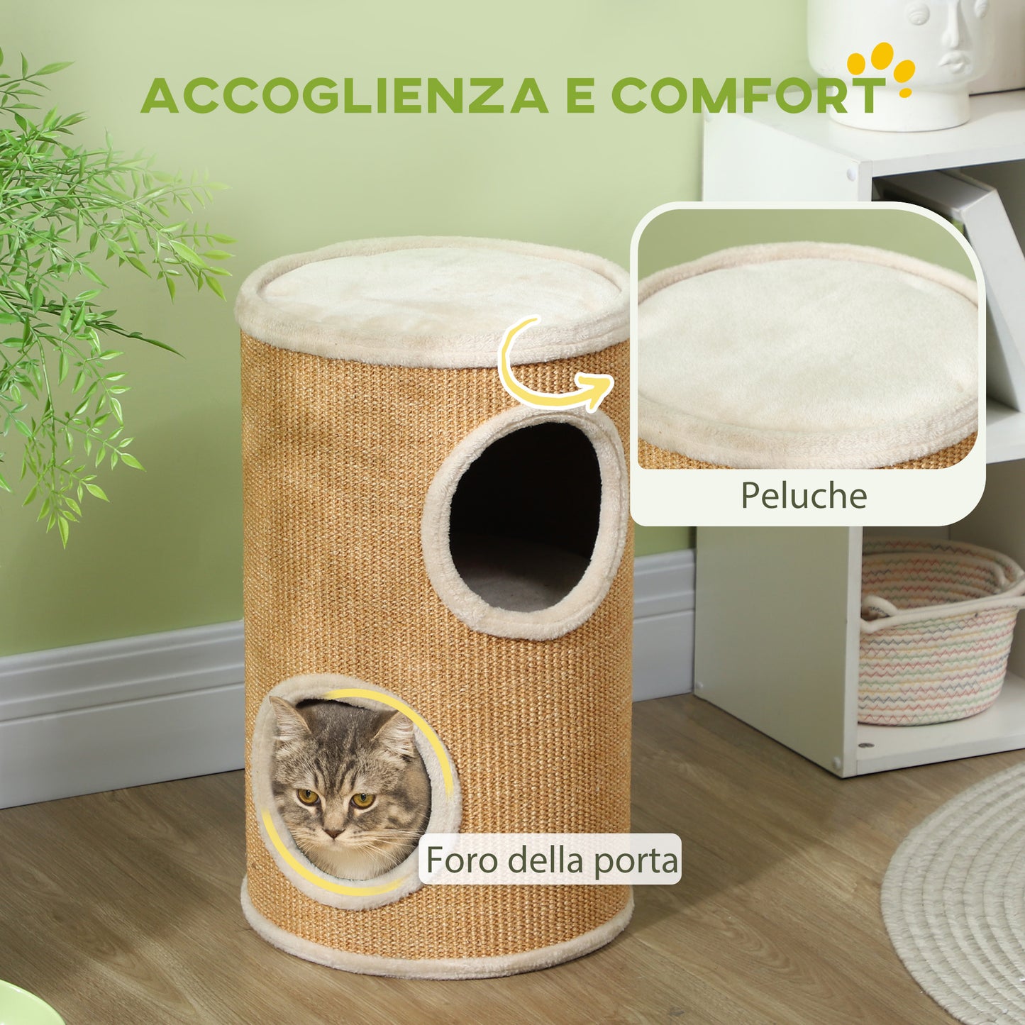 2-Tier Sisal Cat Scratching Tower with Plush Houses for 1-2 Cats, Brown