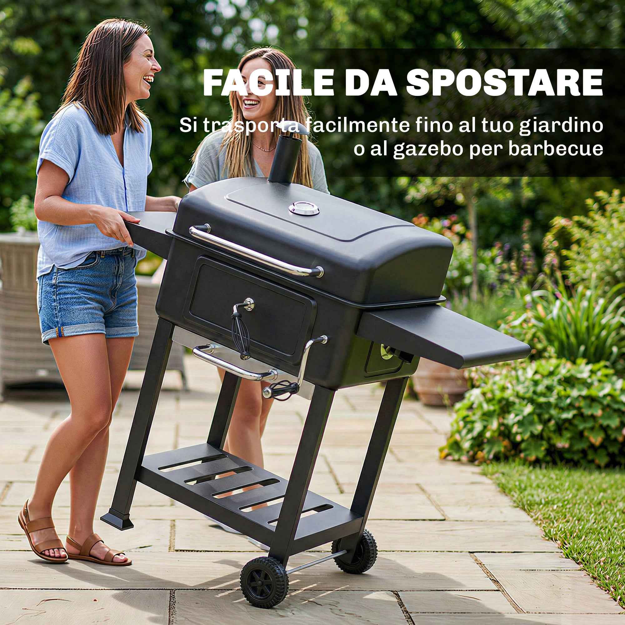 Outsunny Charcoal Barbecue, Smoker Grill with Wheels for Outdoor Use, Black