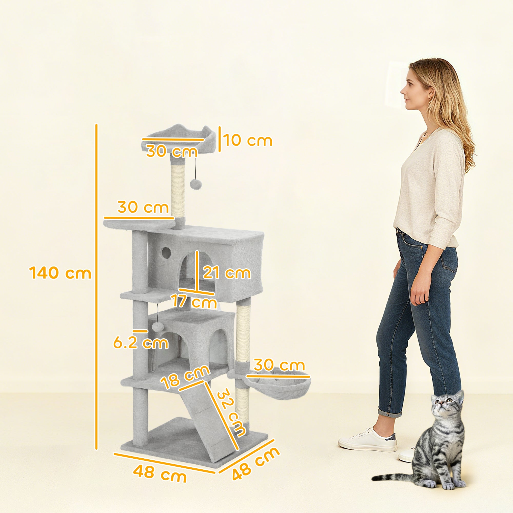 Cat Tree, 140 cm Tall, with 2 Cat Houses, Hammock, Bed and Sisal Posts, Grey