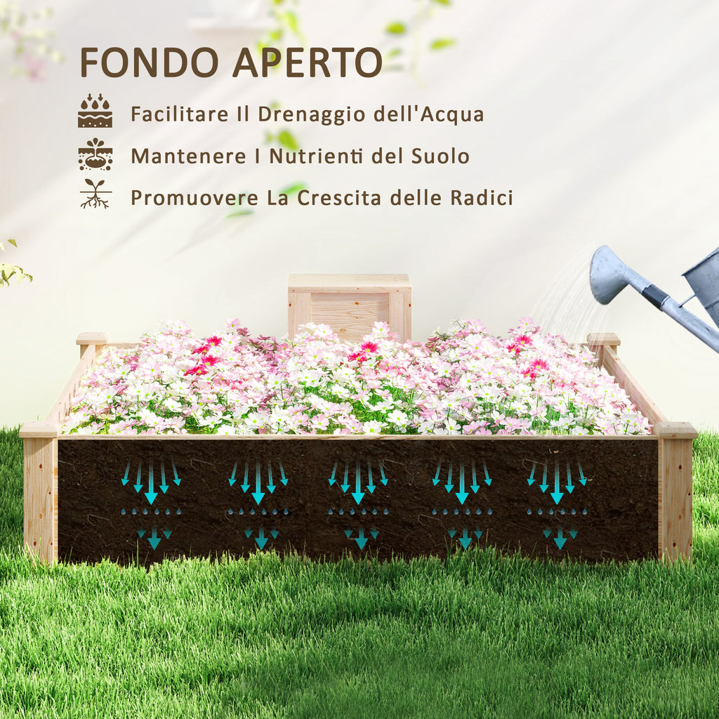Outdoor Planter in Fir Wood with Composter and Open Bottom, 123x123x25.5 cm, Wood color